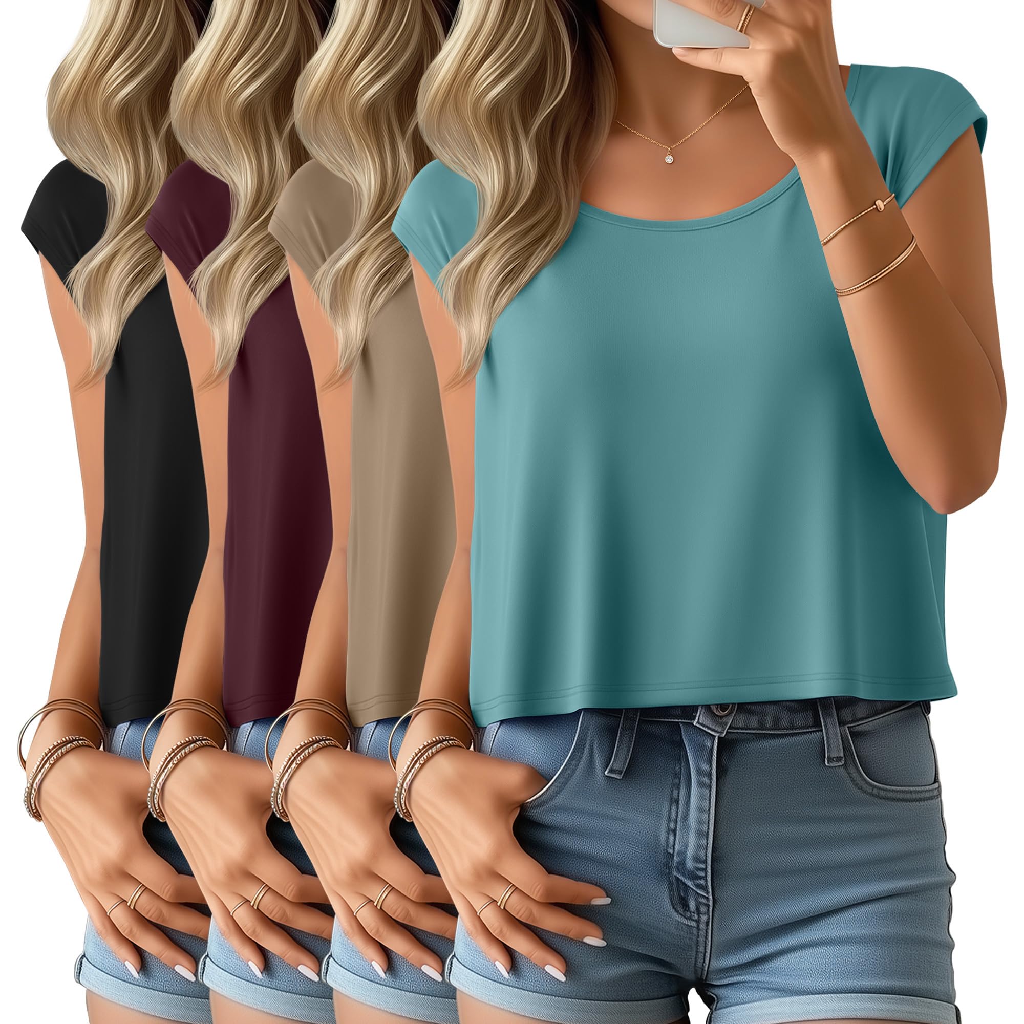 Photo 1 of Sweetyweee 4 Pack Crop Tops for Women Cap Sleeve Scoop Neck Cropped Shirt Short Loose Casual Tee Summer Outfit Trendy Clothes(Black, Burgundy, Coffee, Turquoise,X-Large)