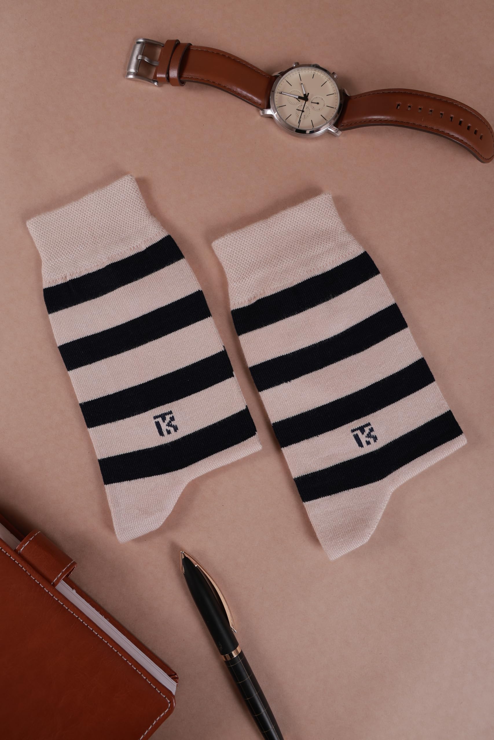 KIKITOES Bamboo Crew Socks for Men, Anti-Odour Moisture Wicking Breathable Seamless Toe, Stay-Up Formal Office Dress & Casual Socks, Free Size UK 6-11, Pack of 1, Beige with Navy Blue Stripes 4