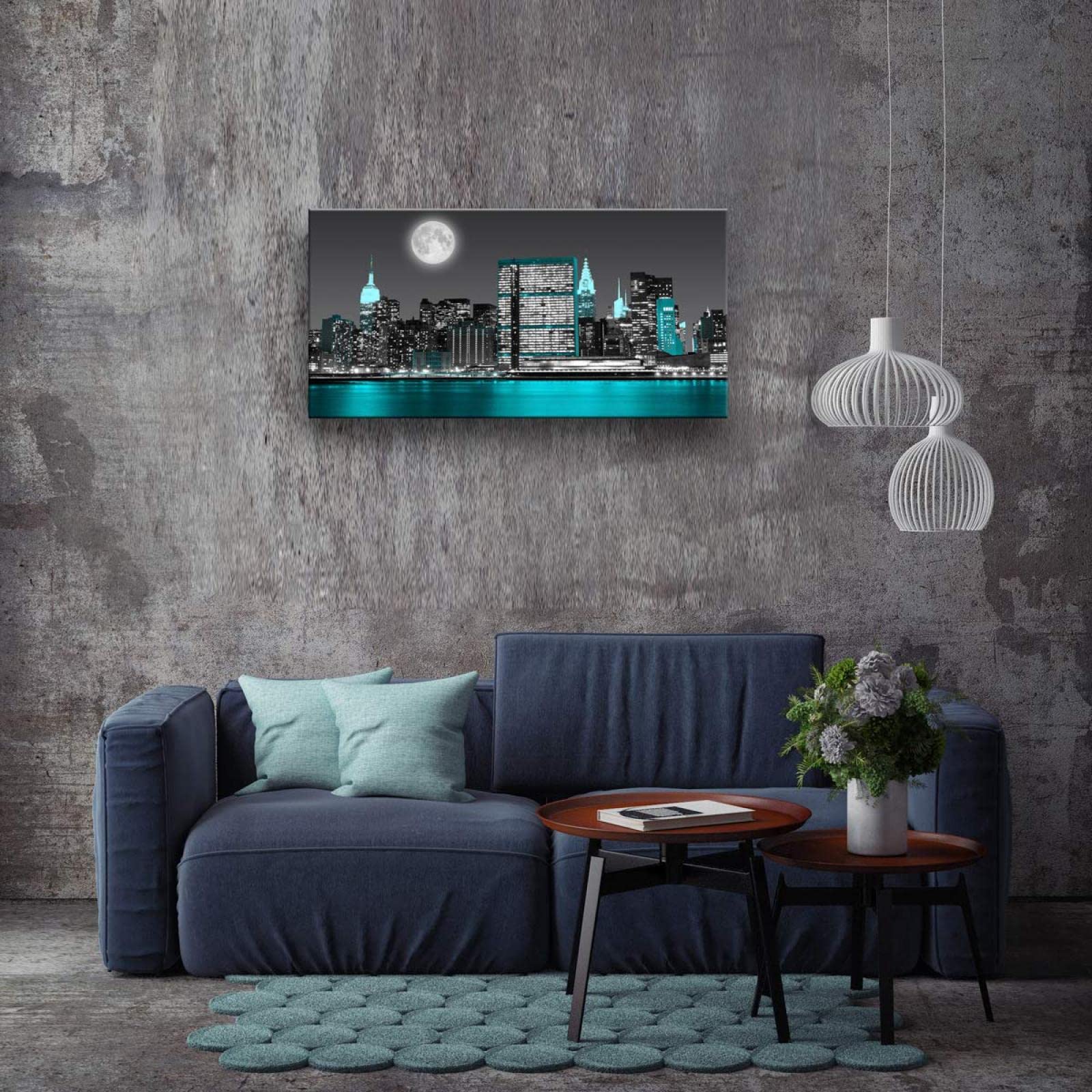 Księżyc Empire State Skyline Budynek miejski Krajobraz Obrazy panoramiczne na płótnie-Natura Plakat Sztuka Druki - Płótno Sztuka ścienna Wydruk do salonu Dekoracja 80 x 160 cm (32 x 63 cale) bez ramy