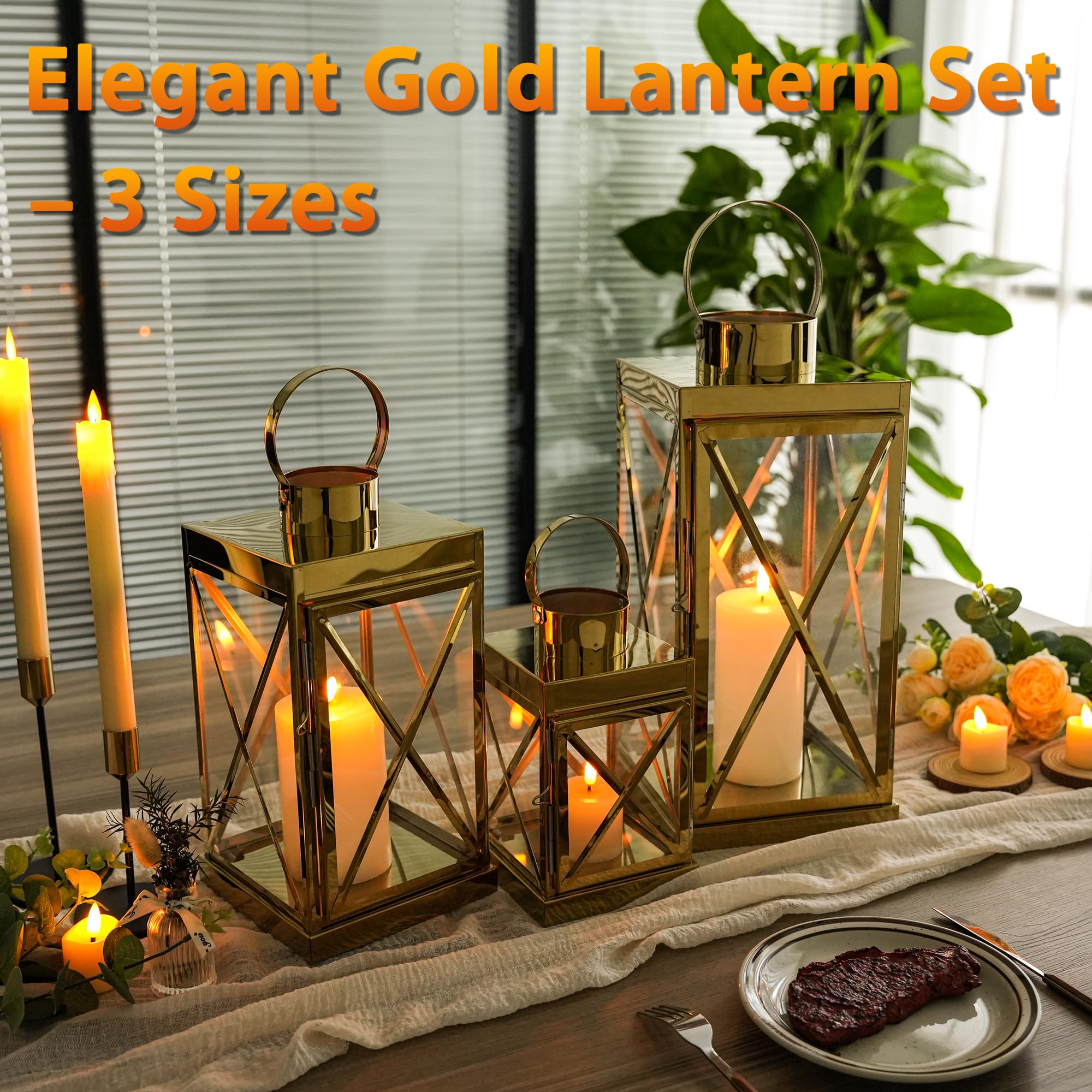TRIROCKS Set di 3 Lanterne in Acciaio Inossidabile Eleganza Quadrata 40, 31, 21 cm, Portacandele in Metallo con Manico e Pannelli di Vetro Trasparente per Decorazioni Esterne (Oro)