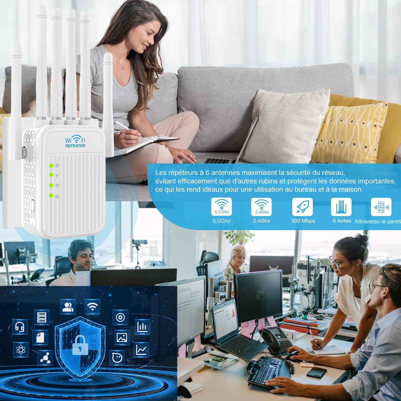 Répéteur WiFi Puissant 5G 2.4G - Amplificateur de Signal 6 Antennes, Coupure 1000 m², 2 Rj45 Ports LAN, Mode Répéteur & Routeur & AP,pour Maison & Bureau