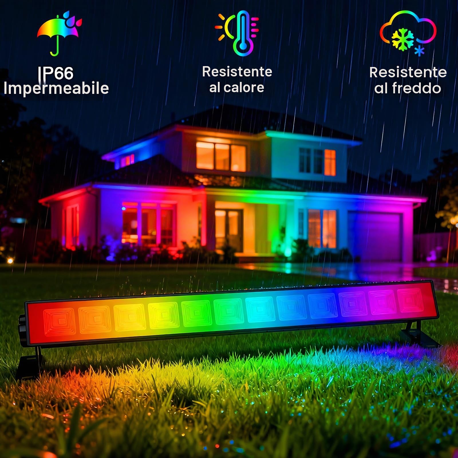 CREATESTAR Faretto LED RGB Esterno 30W, Barra LED RGB da Esterno con APP Bluetooth e Telecomando 2.4G, Memoria Funzione, Funzione Timer, IP66 Impermeabile Proiettore RGB per Bar Feste Giardino