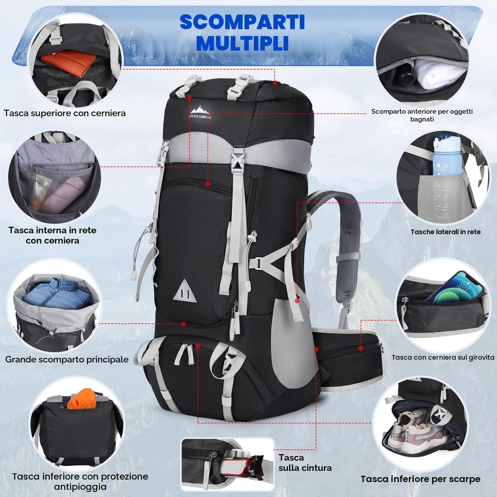 IGOLUMON Zaino Trekking 60 Litri Zaino Montagna Zaini da Hiking con Copri Pioggia per Uomo Donna Zaino da Campeggio Viaggio Escursione