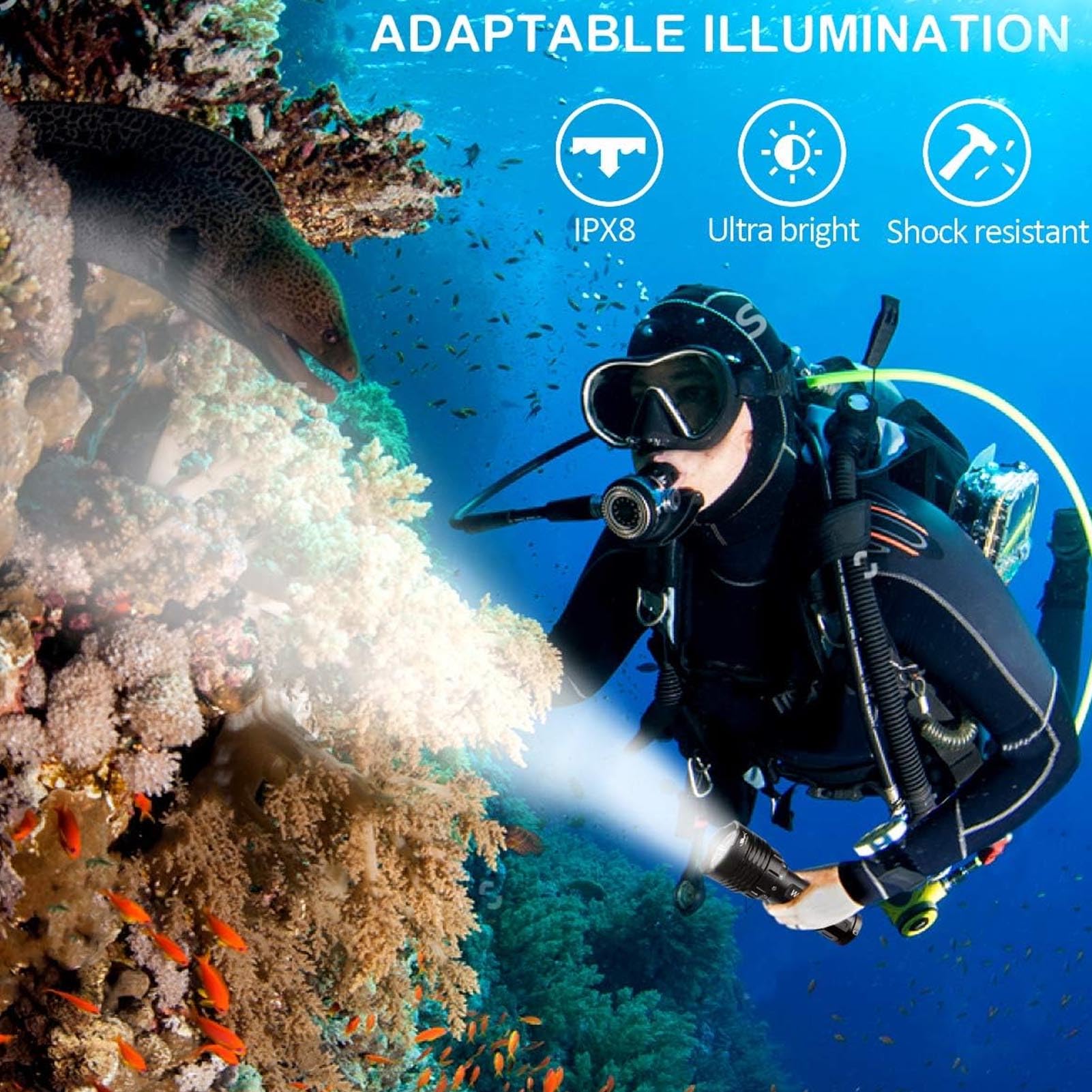Torcia Impermeabile Professionale da 1200LM per Immersioni Subacquee con Indicatore di Alimentazione per Pesca in Campeggio