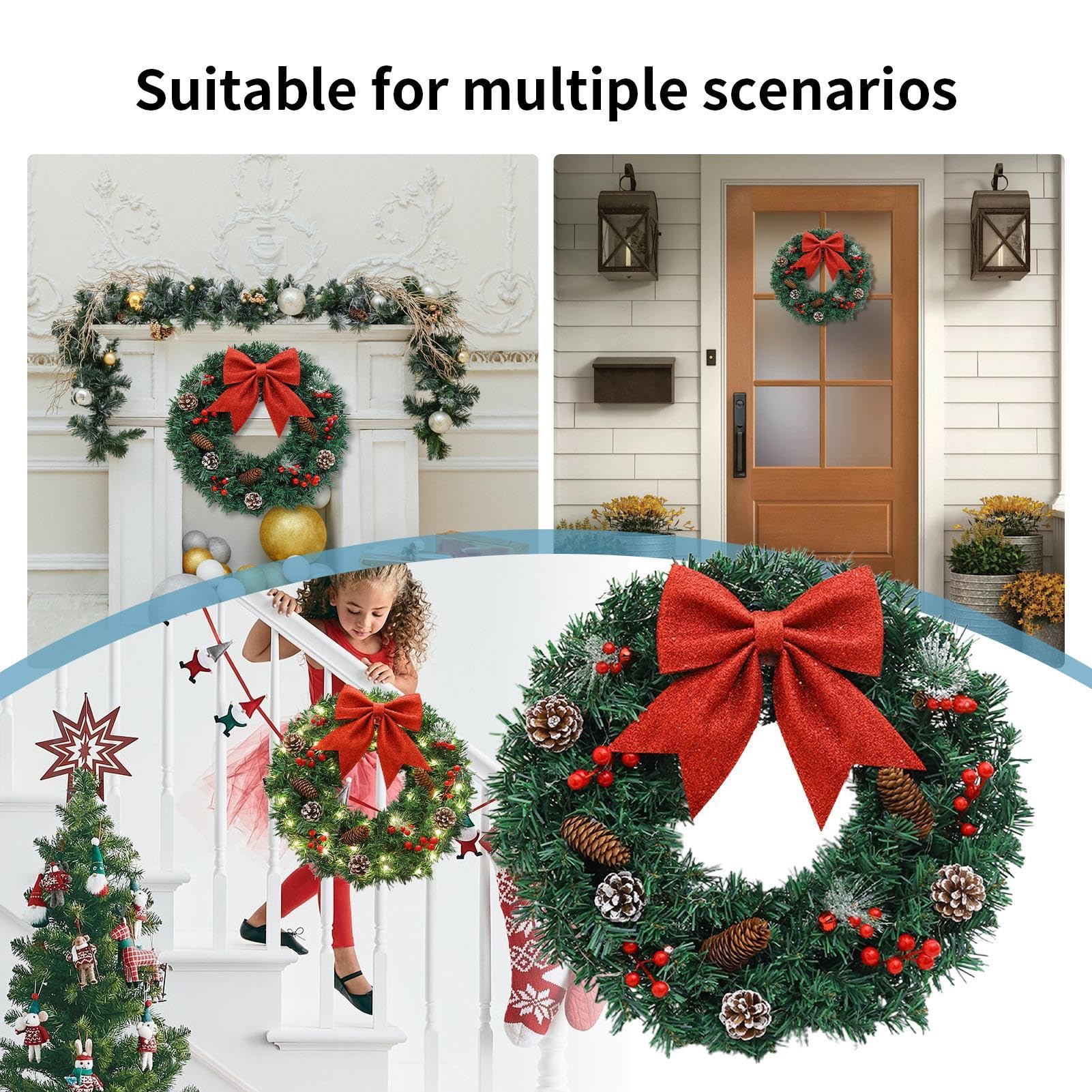 Couronne de Noël artificielle pré-éclairée avec nœud papillon rouge - Couronne d'hiver lumineuse - Couronne de porte de Noël de 50 cm - Fournitures de fête pour porte, mur, cheminée, décoration de