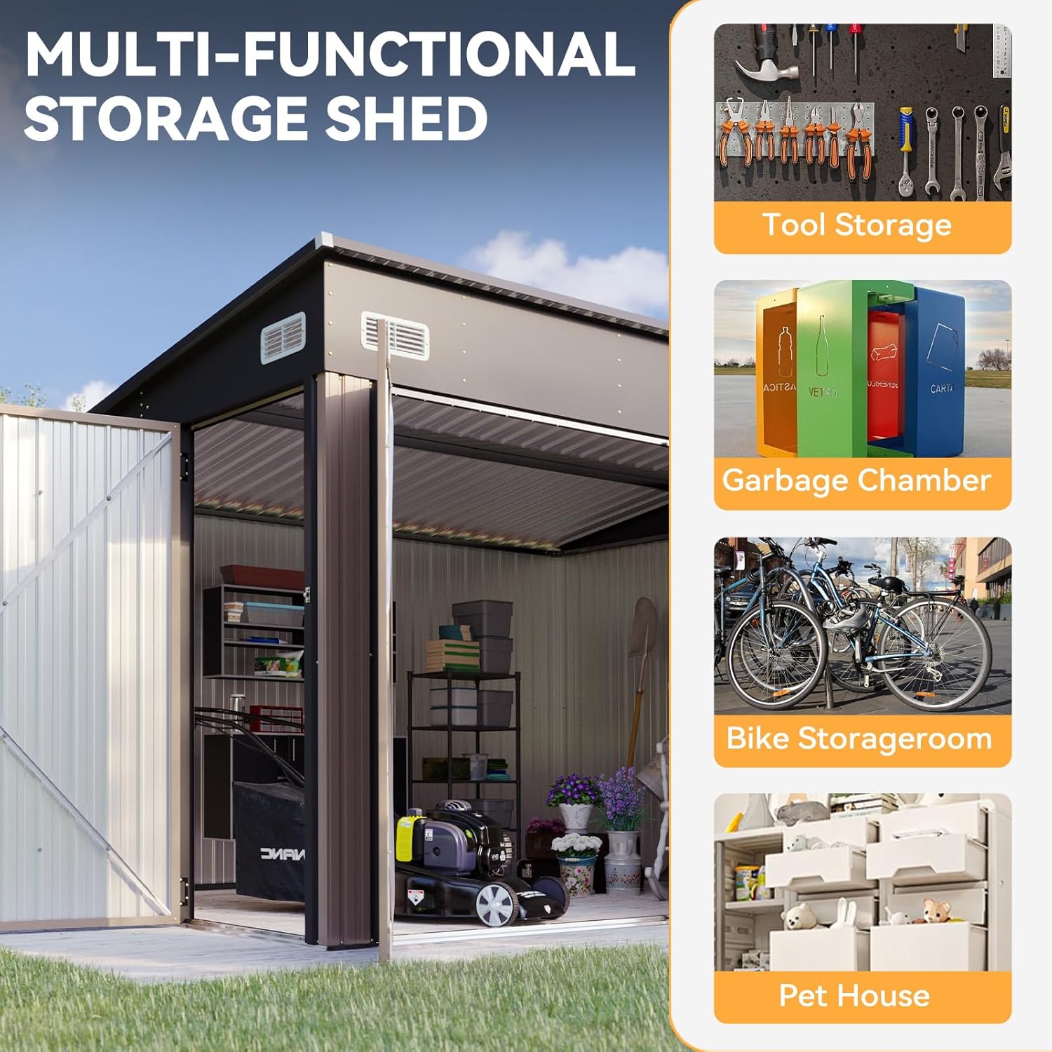 Aoxun 11.5’x7.5’ Shed Outdoor Storage Shed with Triple Lockable Door Metal Storage Cabinet with Slopping Roof for Tools Bicycles Storage for Garden, Patio, Courtyard Aoxun 11.5’x7.5’ Shed Outdoor Storage Shed with Triple Lockable Door Metal Storage Cabinet with Slopping Roof for Tools Bicycles Storage for Garden, Patio, Courtyard