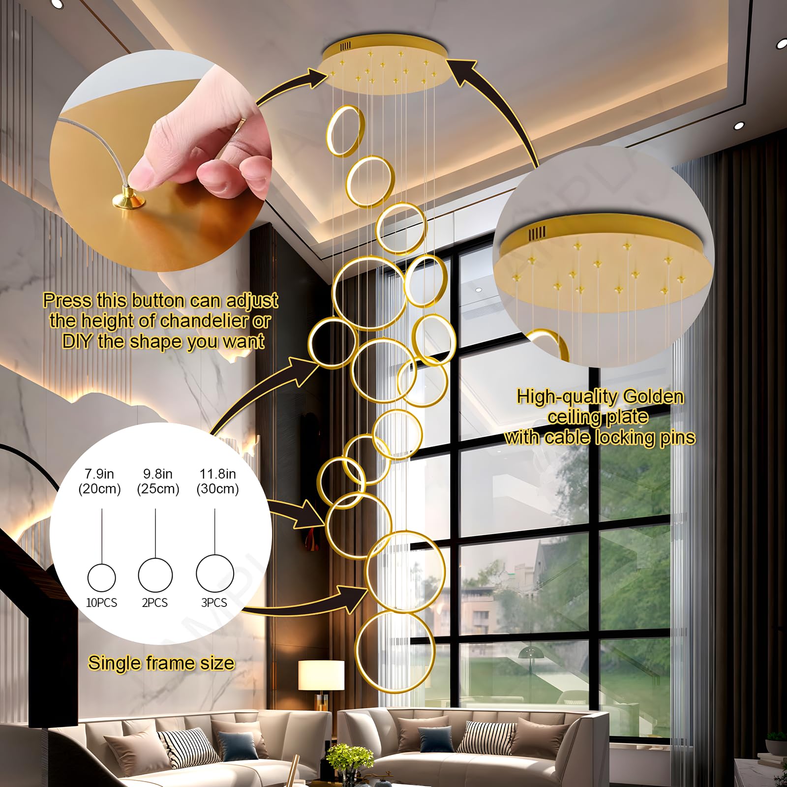 Lustre D'Escalier À LED, Lampe De Plafond Haut Moderne À 15 Anneaux Doré, Lampe Suspendue Réglable En Hauteur Pour Entrée, Variateur Avec Télécommande 3000K-6000K, Couloir, Salon, Escaliers