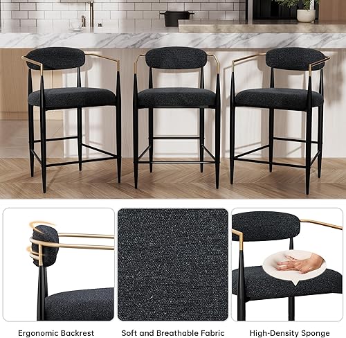 Miniatura 3 de Morden Fort Juego de 2 taburetes de bar de altura de mostrador, modernos taburetes tapizados con respaldos y patas de metal negro, sillas de isla de