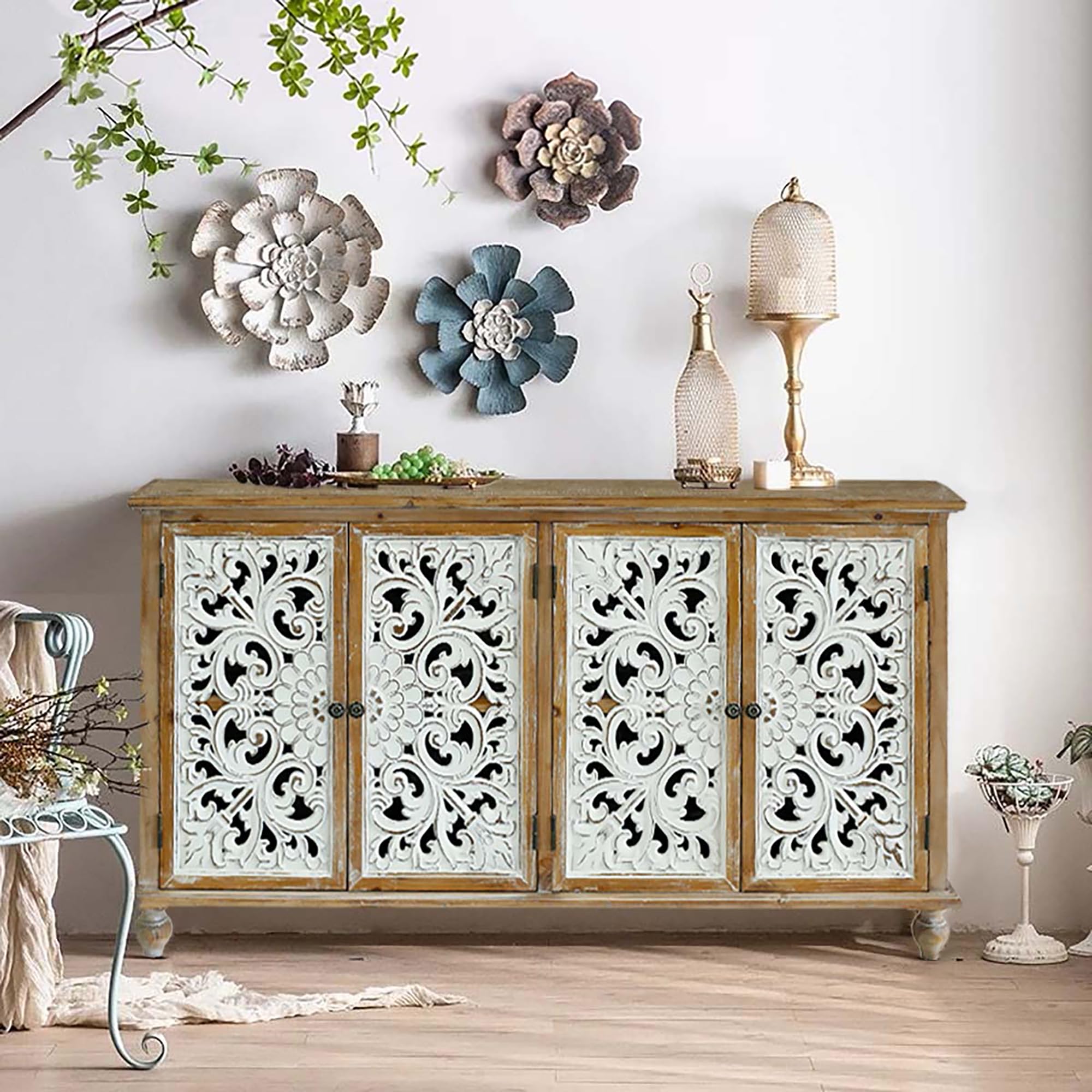 Accent Cabinet with 4 Doors, Farmhouse Sideboard Buffet Cabinet with Storage, Modern Storage Cabinet with Wooden Carved Floral Doors for Living Room, Dining Room, Entryway, Hallway, Antique Natural