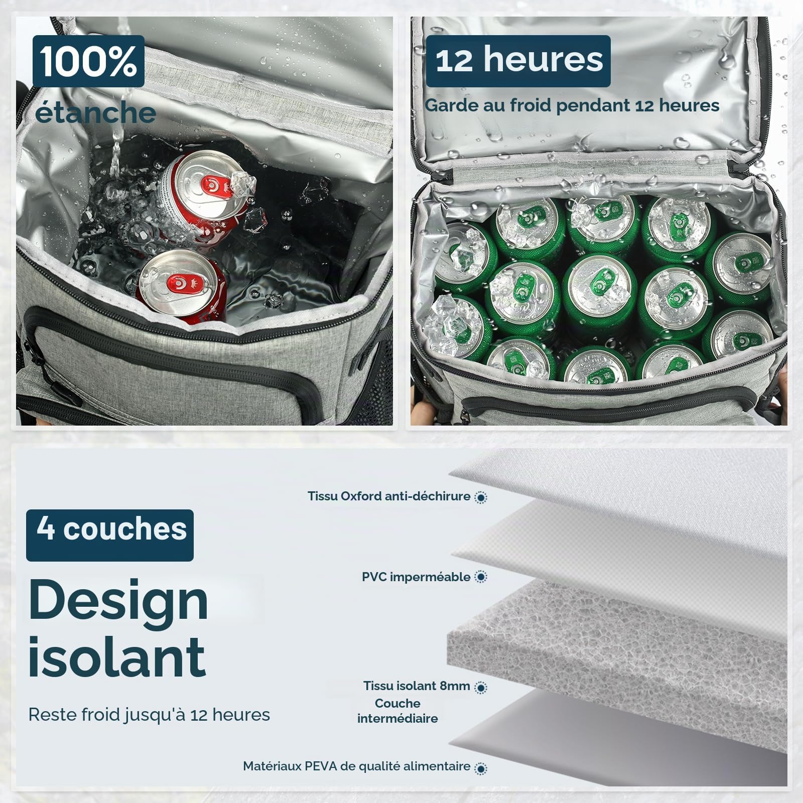 DEWUR Sac à dos isotherme de 35 l - Étanche - Avec décapsuleur - Pour pique-nique, camping, plage, randonnée, voyage, shopping - Noir et gris