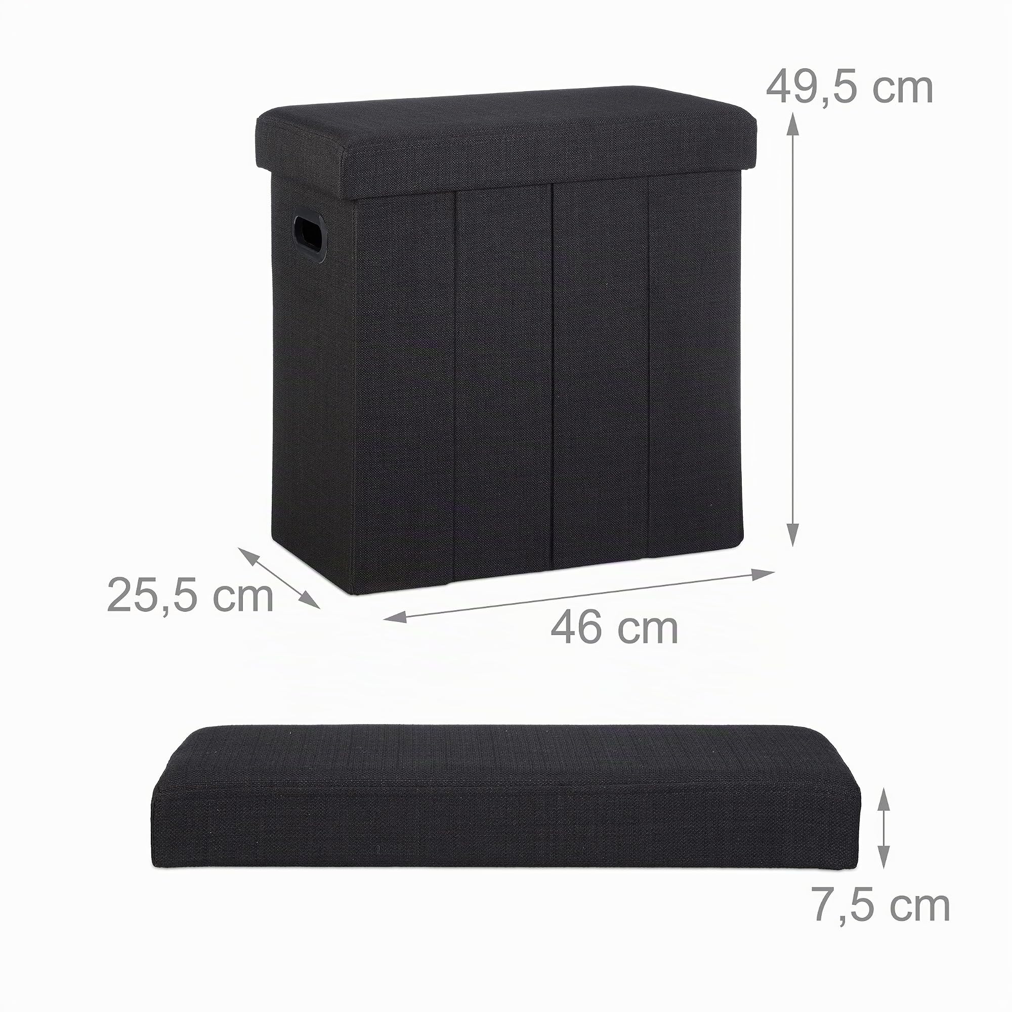 Relaxdays Puff Almacenaje Plegable con Tapa, Poliéster, Negro, 49.5 X 46 X 25.5 Cm