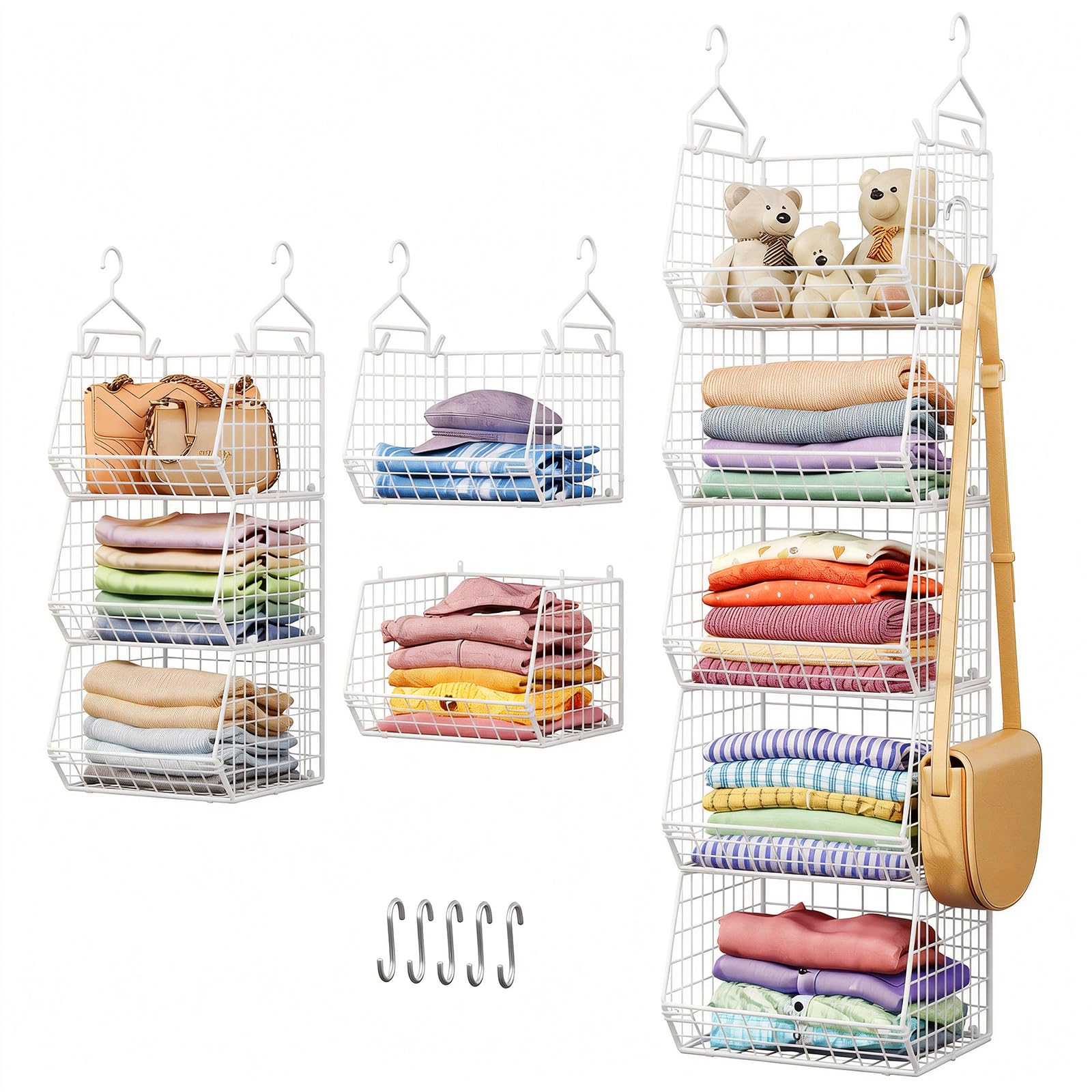 5 Tier Closet Hanging Organizer, Clothes Hanging Shelves with 4 Hanging Hooks 5 S Hooks, Wire Storage Basket Bins, for Clothing Sweaters Shoes Handbags Clutches Accessories Patent Design-White