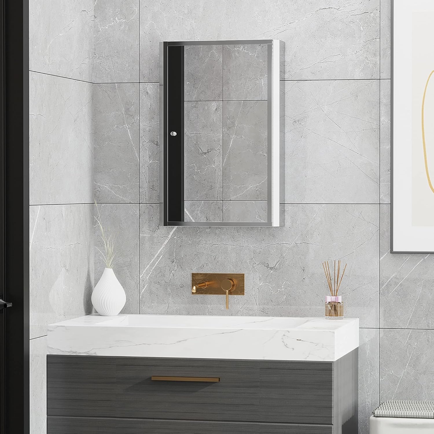 Stainless Steel Wall-Mounted Bathroom Mirror Cabinet with Shelves