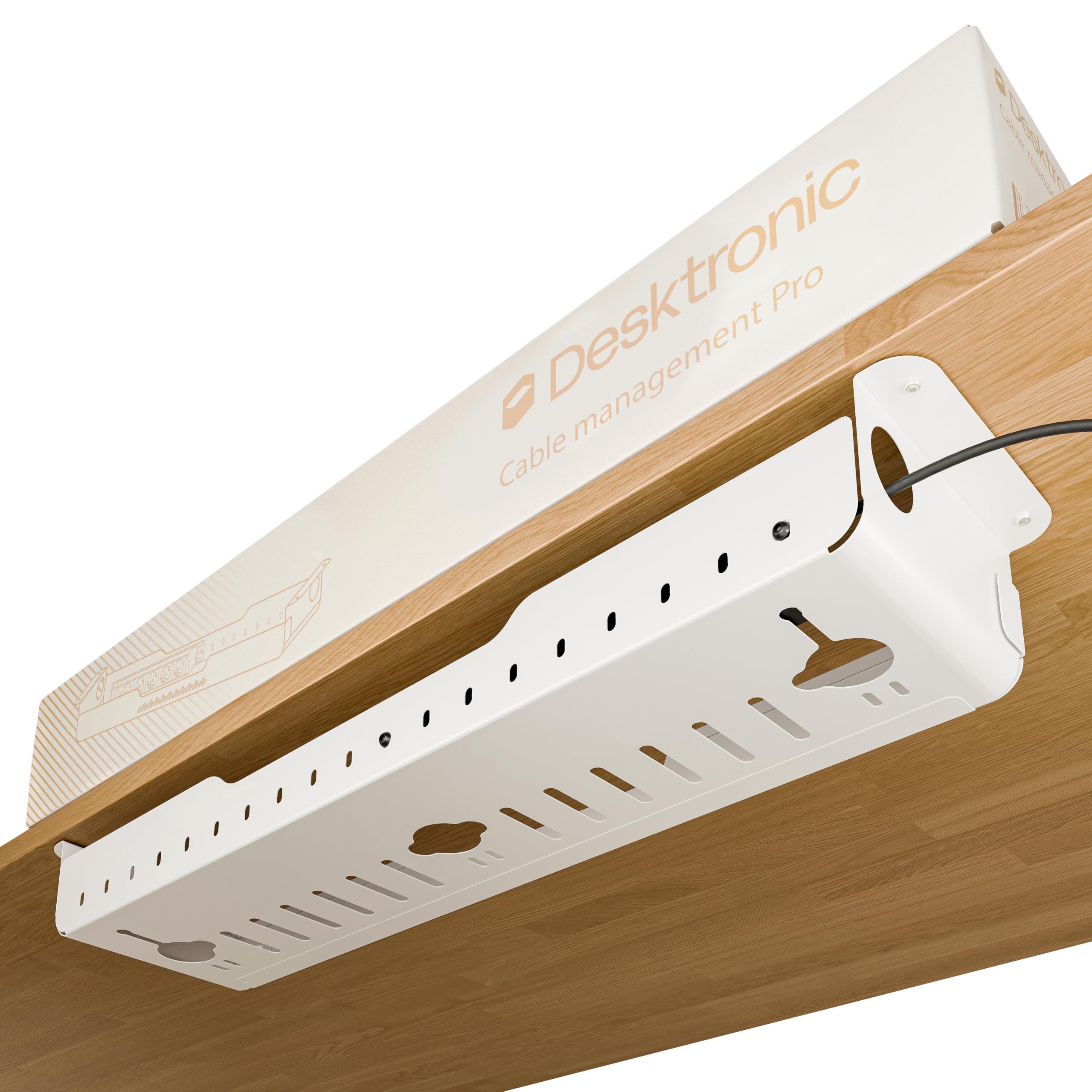 Cable Management Pro – Organizer kabli pod biurko z wbudowaną listwą zasilającą, stalowa tacka na kable z magnetyczną osłoną, wentylowana konstrukcja, łatwy montaż