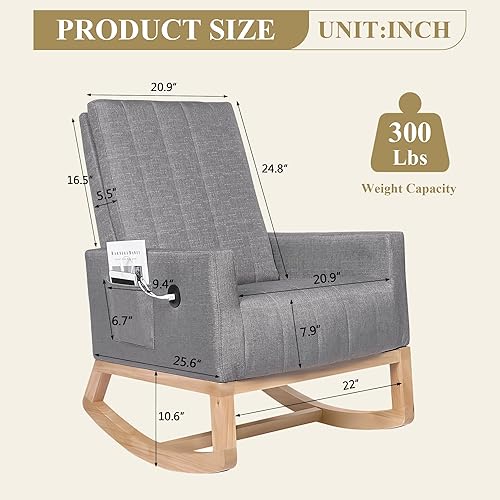 Miniatura 3 de VECELO Leather Rocking Chair Nursery Glider Accent Rocker Modern Upholstered High Back USB Port and Side Pocket Armchair, Wood Legs for Living Room
