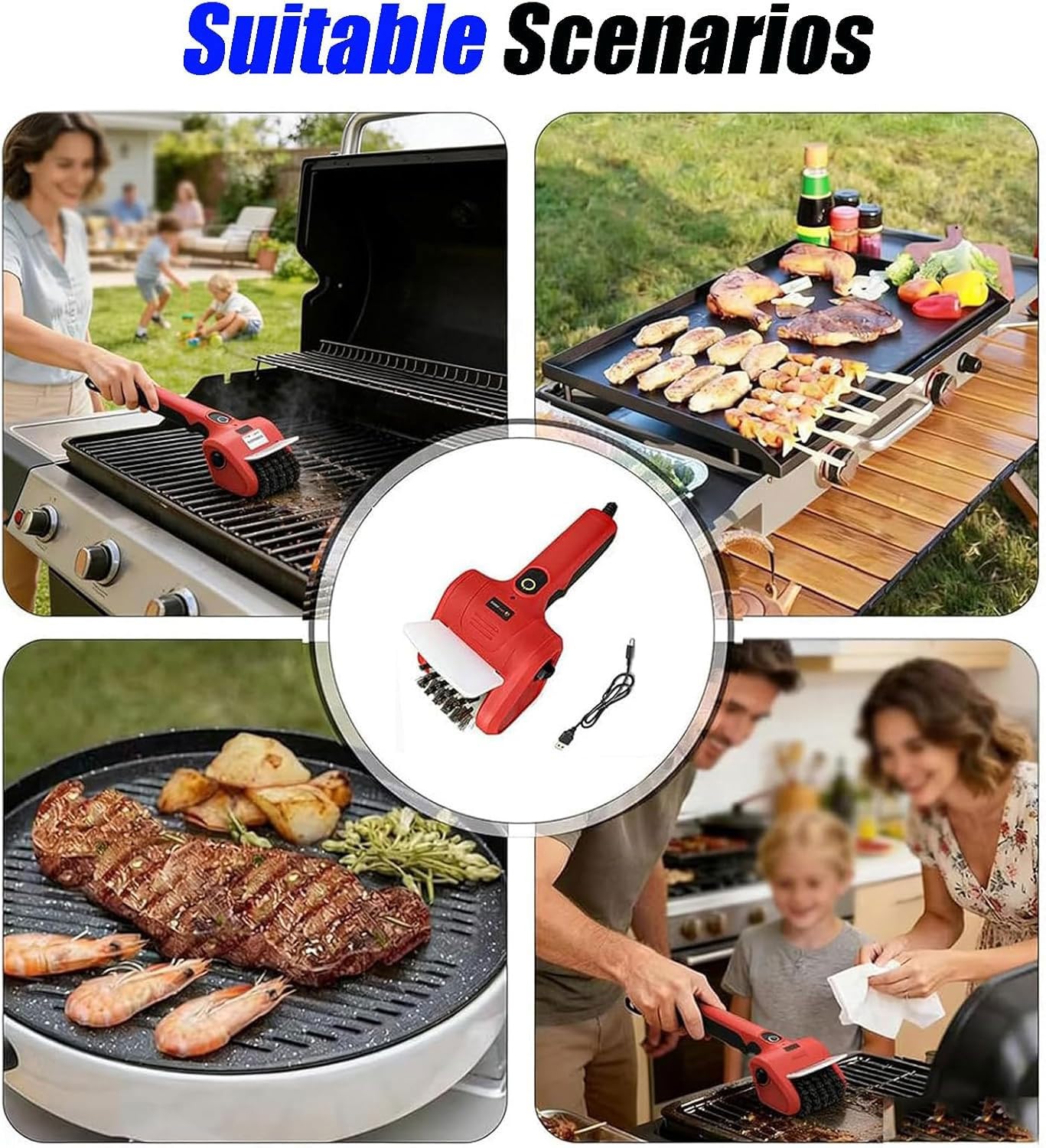 Limpiador automático de parrilla, cepillo inalámbrico recargable con 2 cabezales de cepillo giratorios, herramienta de limpieza de barbacoa al aire libre para uso en interiores y exteriores