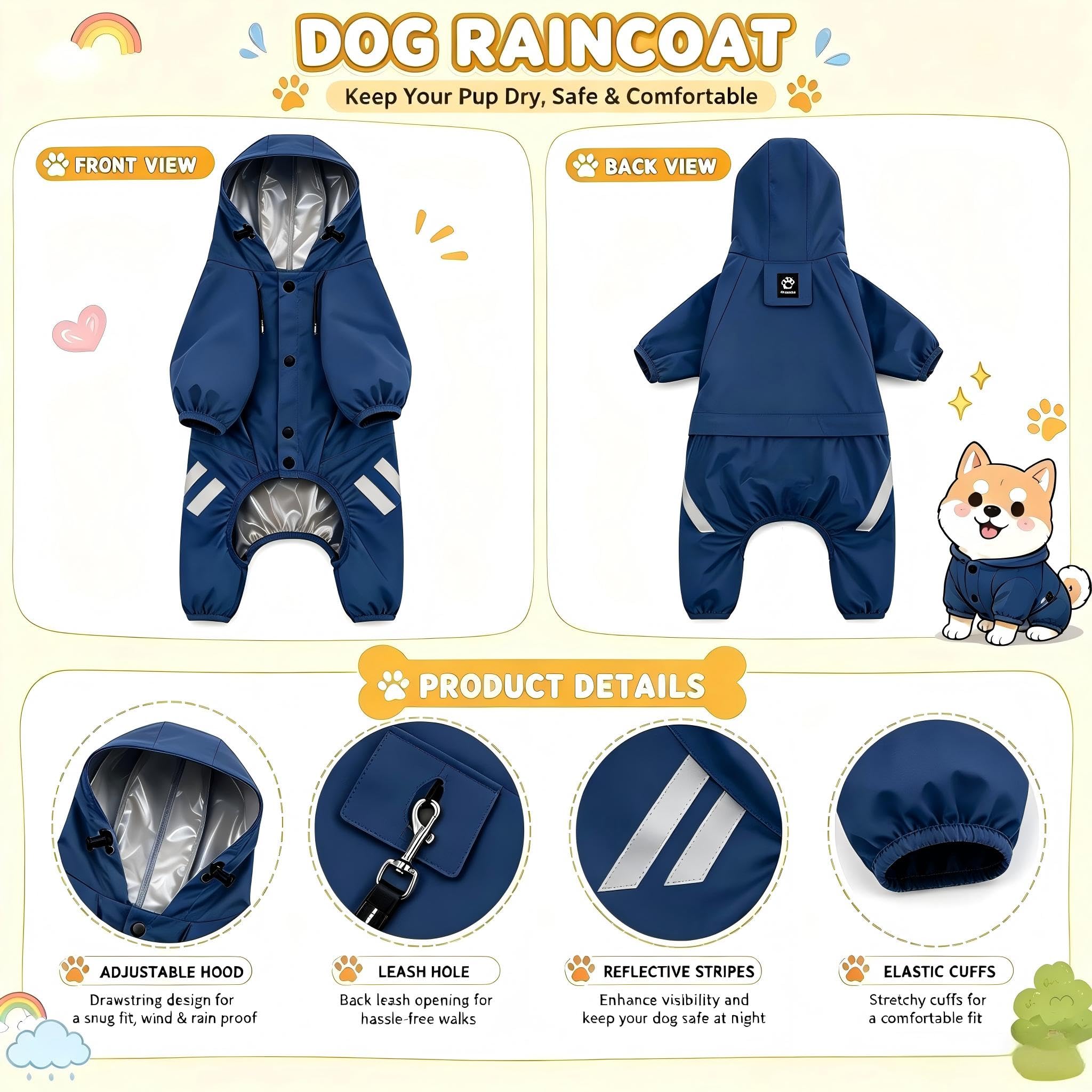 Manteau de pluie imperméable pour chiens de petite et moyenne taille avec capuche | Bandes réfléchissantes, facile à enfiler, accès à la laisse, plusieurs options de taille, tissu respirant à séchage rapide