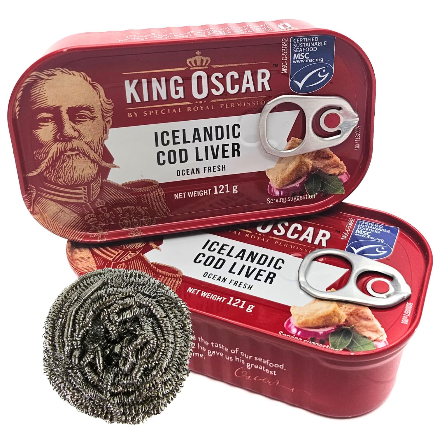 12 x King Oskar Dorschleber | Cod liver aus Island, Fisch Konserven (12 x 121g netto) + esnado Edelstahl Spiraltopfreiniger Gratis