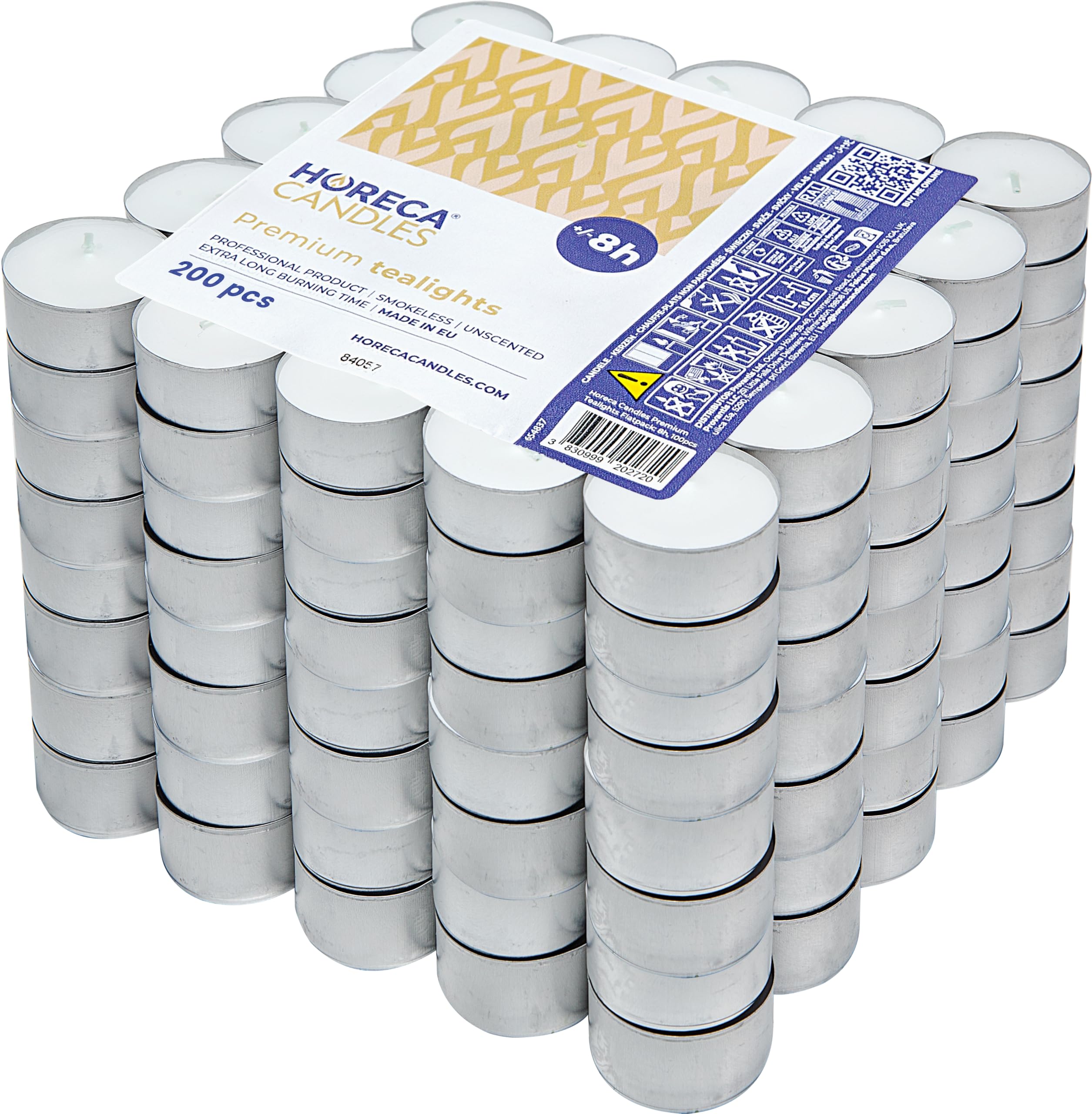 Horeca Candles - Teelichter 8 Stunden Brenndauer - Weiß - 200 Stück - Aluhülle - Kerzen zum Feiern, Deko, Hochzeit, Gastro, Party - Unparfümiert - Premium Qualitä