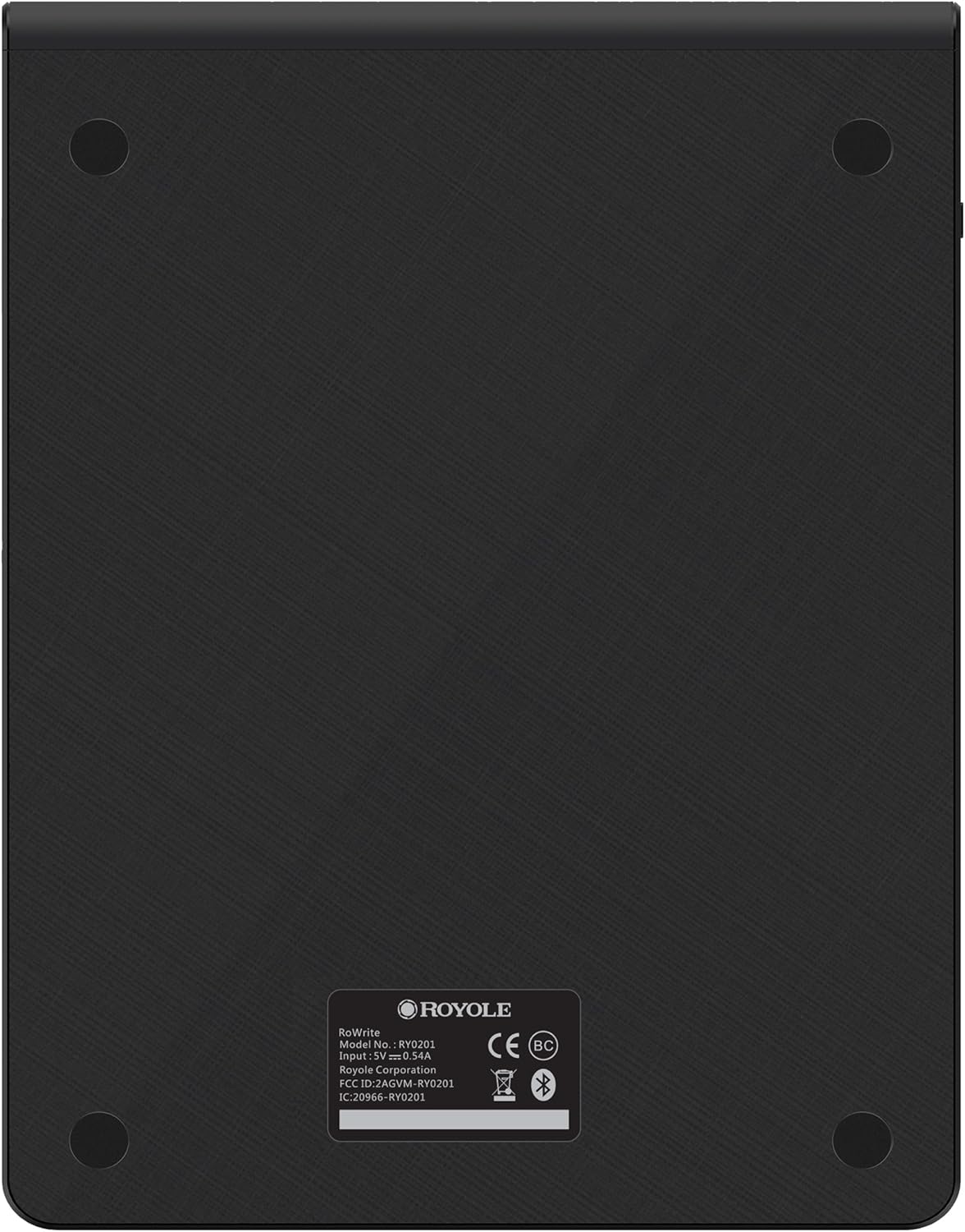 Back view of the Royole RoWrite pad showing product information and regulatory marks.