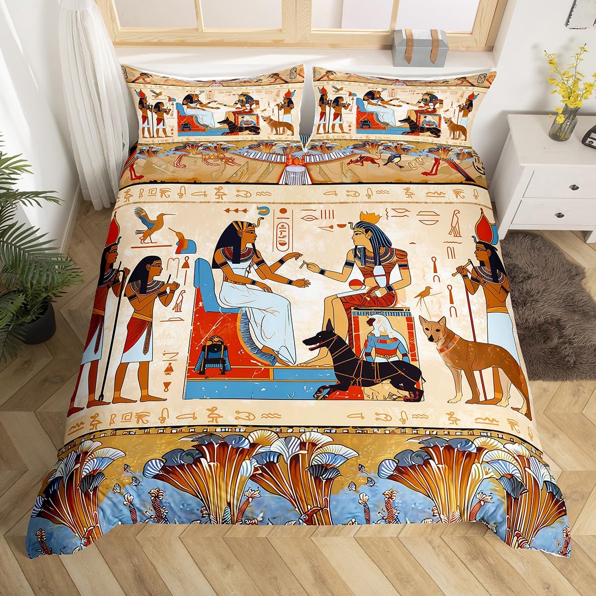 Ancient Egypt Comforter Cover Set – 3-Piece Duvet With Pillowcases, Vintage Pharaoh Symbol, Microfiber