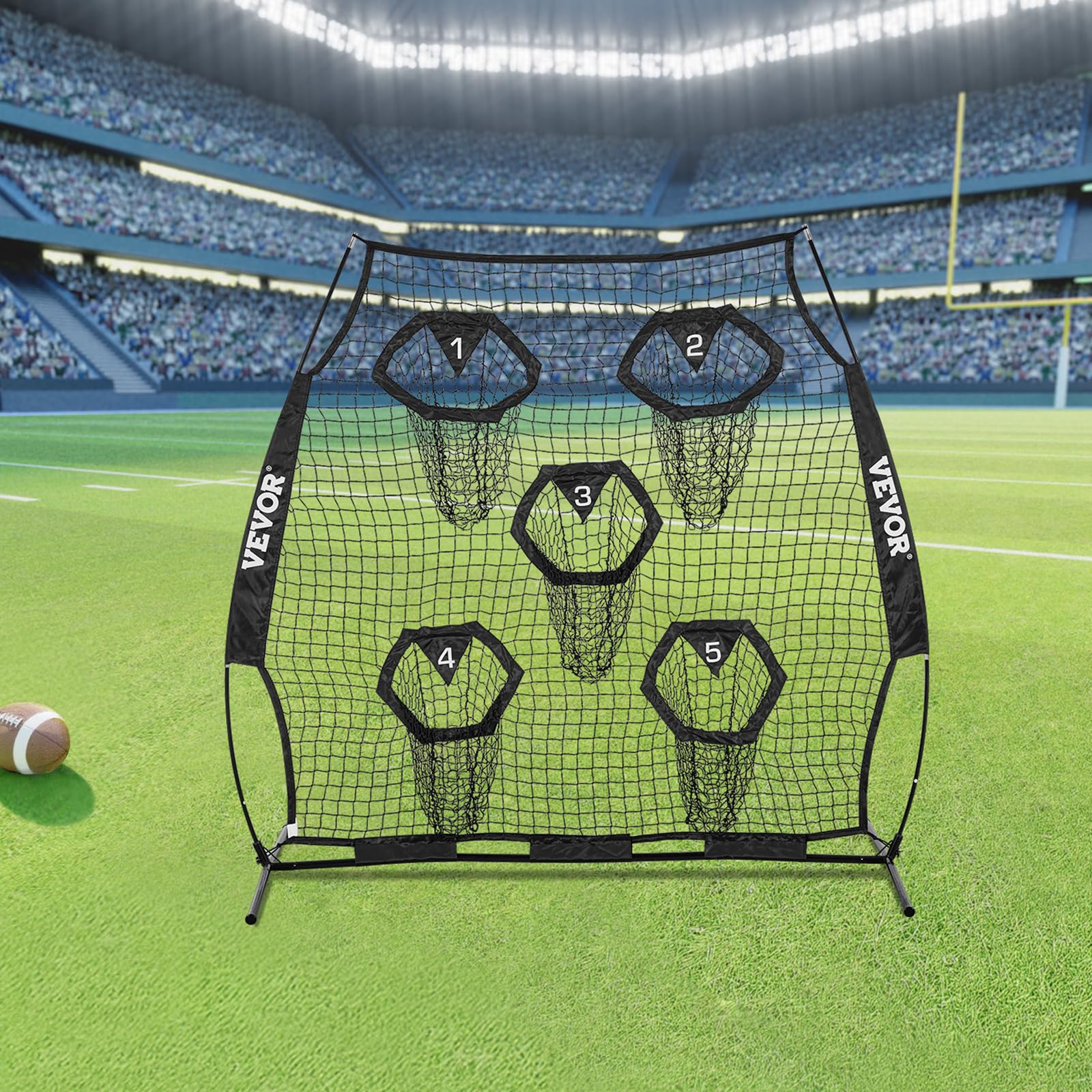 VEVOR Filet de Lancement Football 1,8 x 1,8 m avec 5 Poches Cible, Filet sans nœuds Sangles étui Transport
