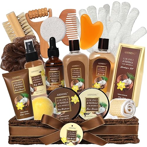 Spa Basket for Women, Coconut Vanilla Bath & Body Set, Christmas & Birthday Gift, Unique Gift with Bath Bombs, Body Lotion, Spa Bath Sets for men Gift Home Spa Set Luxurious Bath Gift & More