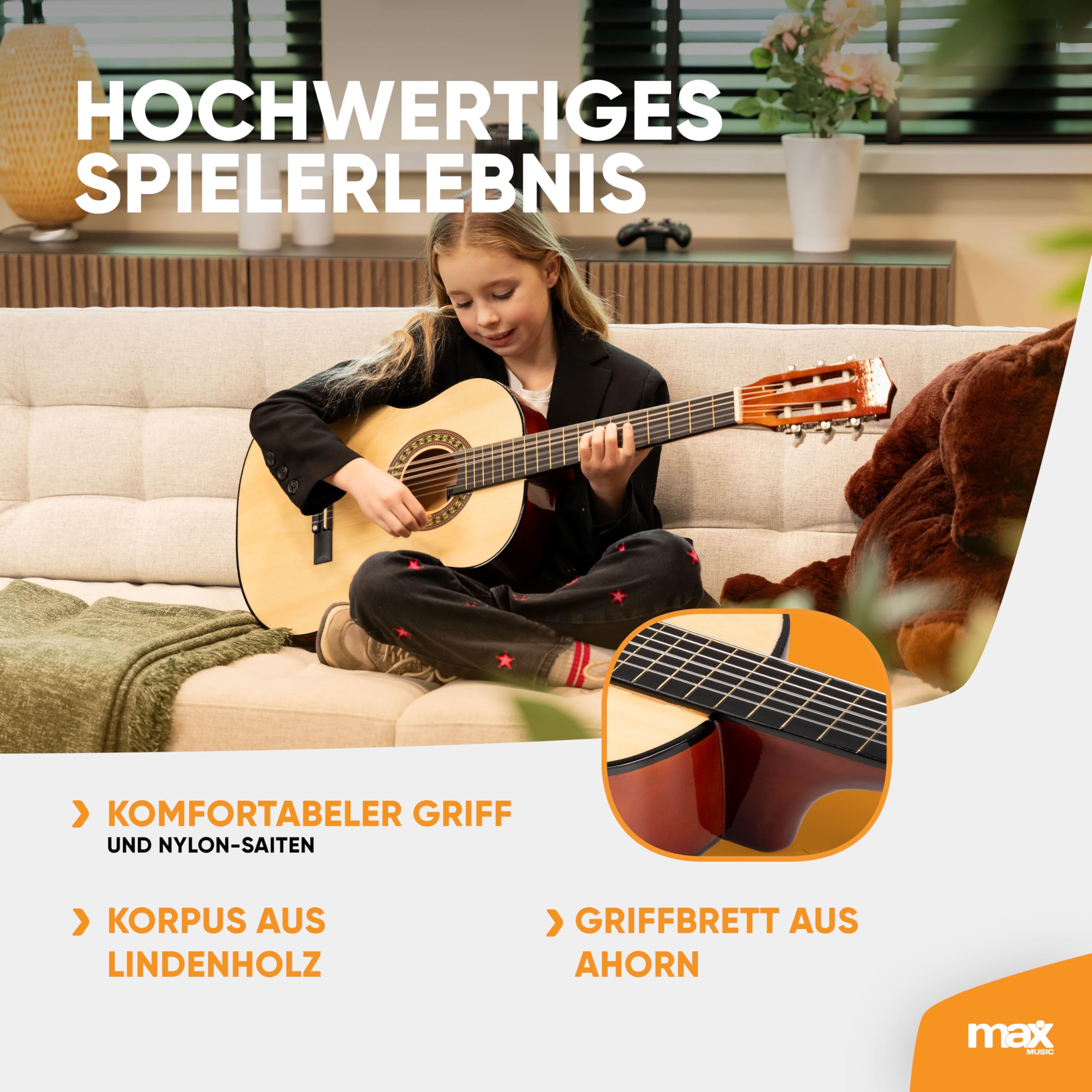 MAX SoloArt - Gitarre 3/4 Kindergitarre ab 6 Jahre, Junior Akustik Gitarre inkl. Gitarrenständer, Tasche, Plektrum, Gurt und Saiten-Zubehör, 3/4 Guitar Kinder ab 6 Jahren in Holz Ahorn