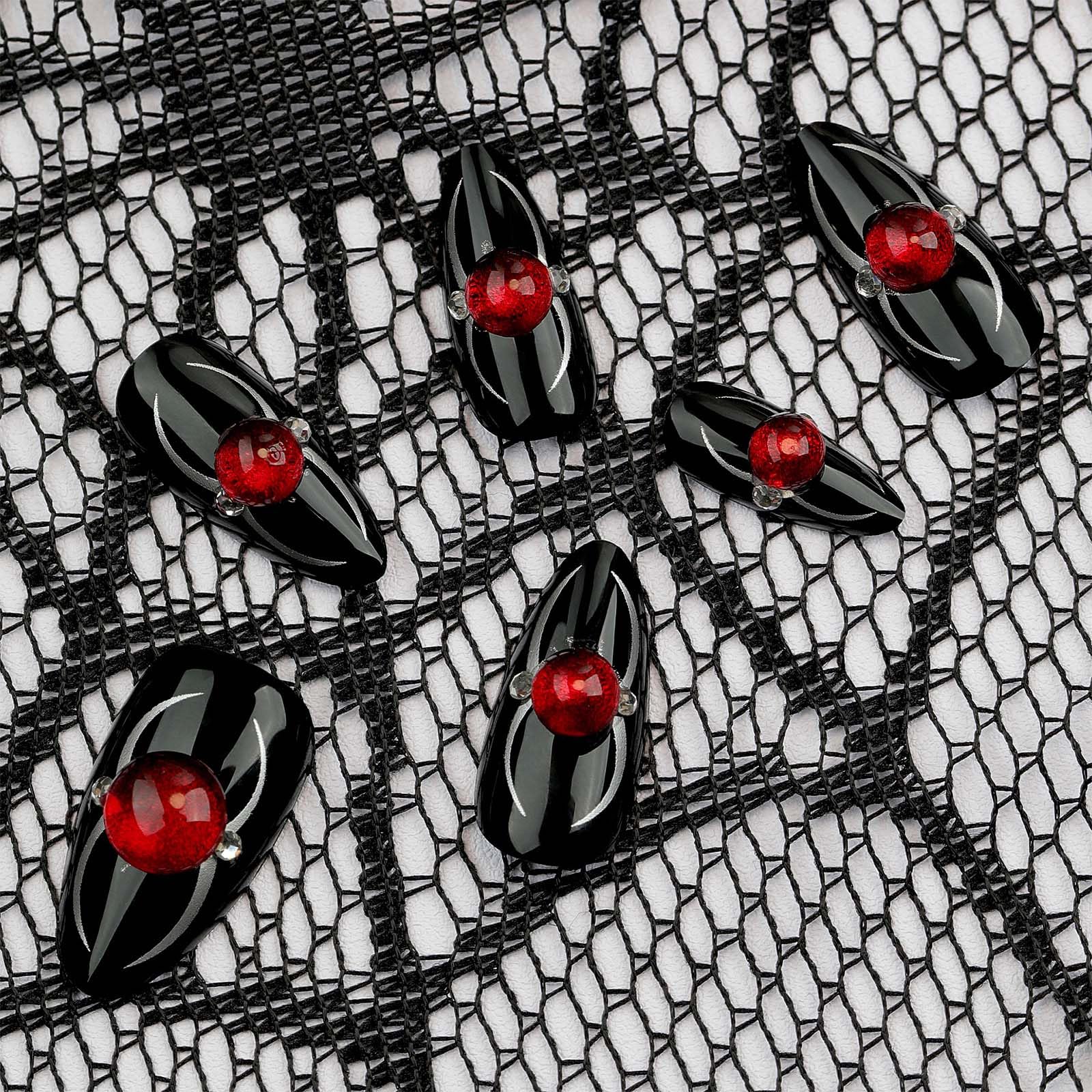 FRUJCDKI Almond Medium Press On Nails-French Fake Nails with Bat Pattern,Halloween Holiday False Nails,Acrylic Fake Nails with Nail Glue,Reusable Stick On Nails for Women and Girls (Spider 1, 24pcs)