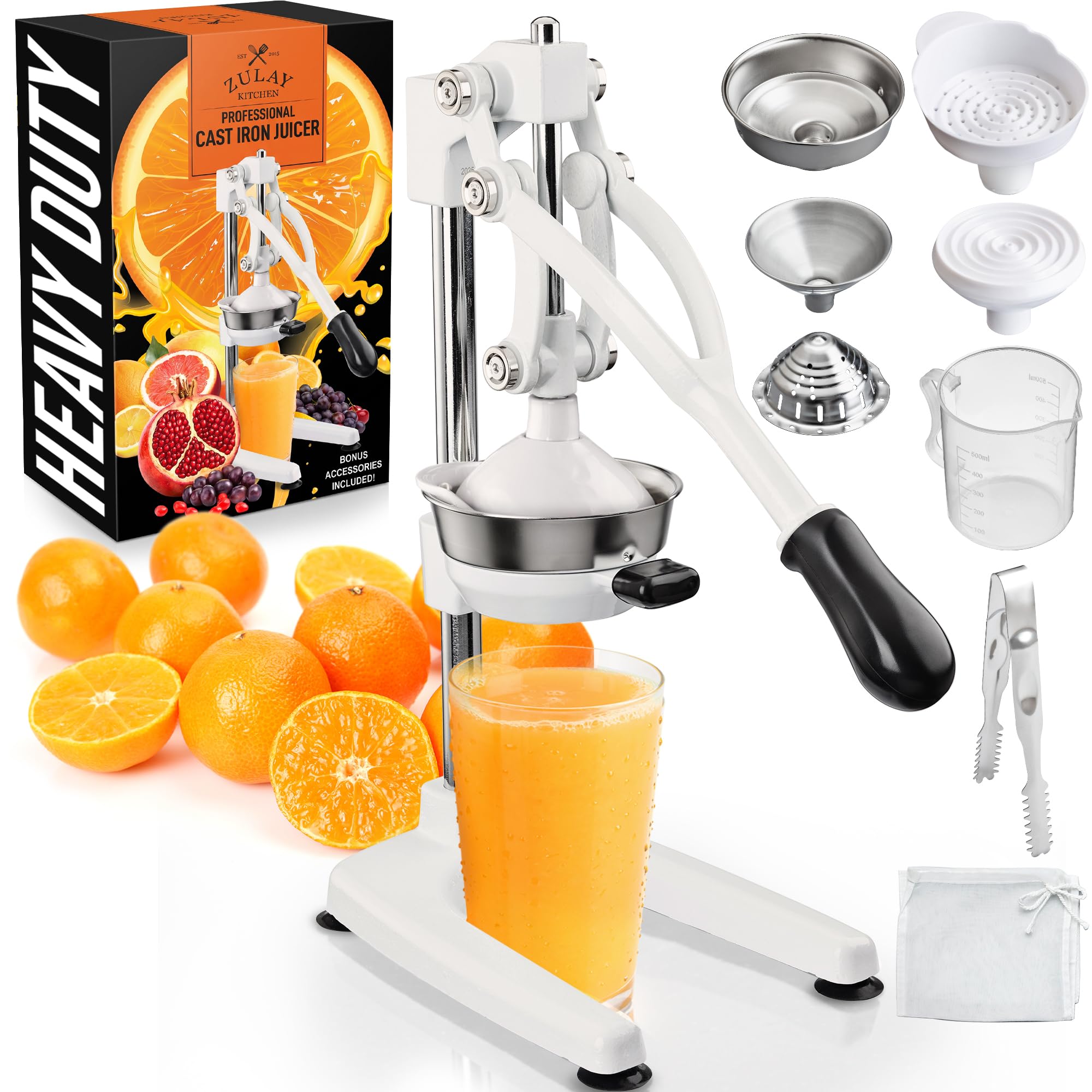 Zulay Kitchen Cast Iron Juicer 9 in 1 Metal Presser, Citrus Squeezer, White