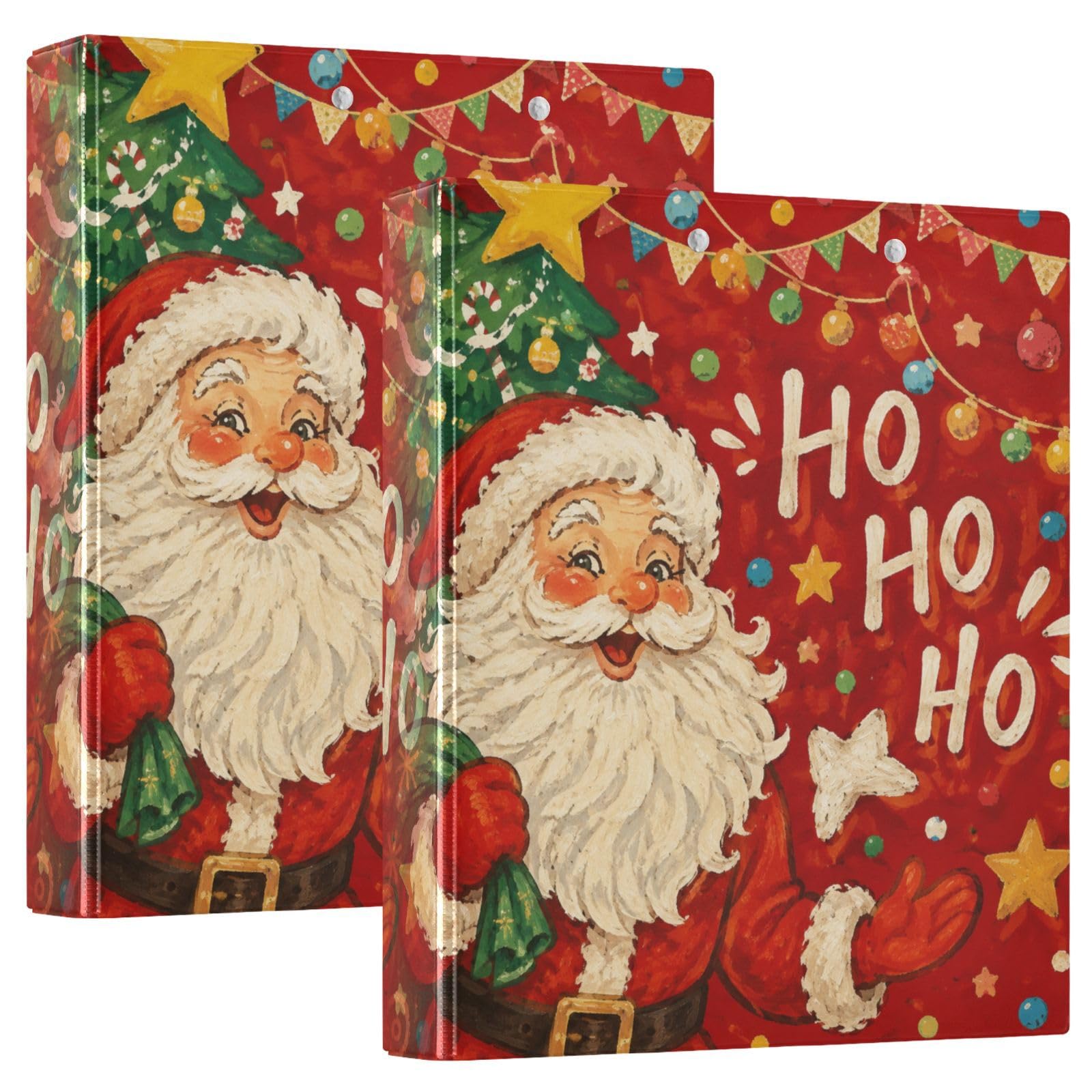 Santa Claus Christmas Tree 3 Ring Binder with 2 Interior Pockets 1.5 inch Binders 3 Ring Heavy Duty Fit 8.5" x 11" Letter Size for Office School, 2 Pack