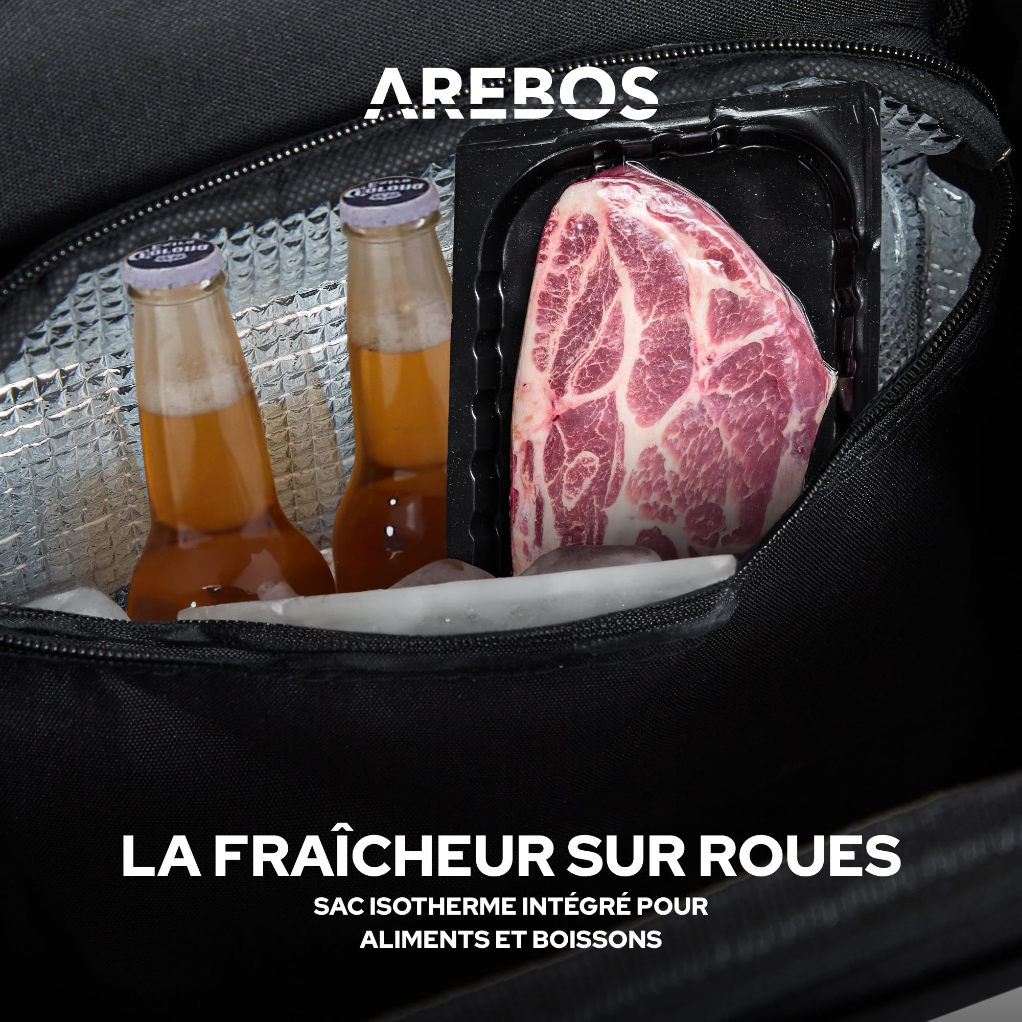 Arebos Chariot de Courses 3 en 1 avec Compartiment Isotherme intégré | 56L | Sac de Courses Pliable | Poignée réglable | Chariot de Courses avec roulettes pour escaliers | Sac Amovible | Noir