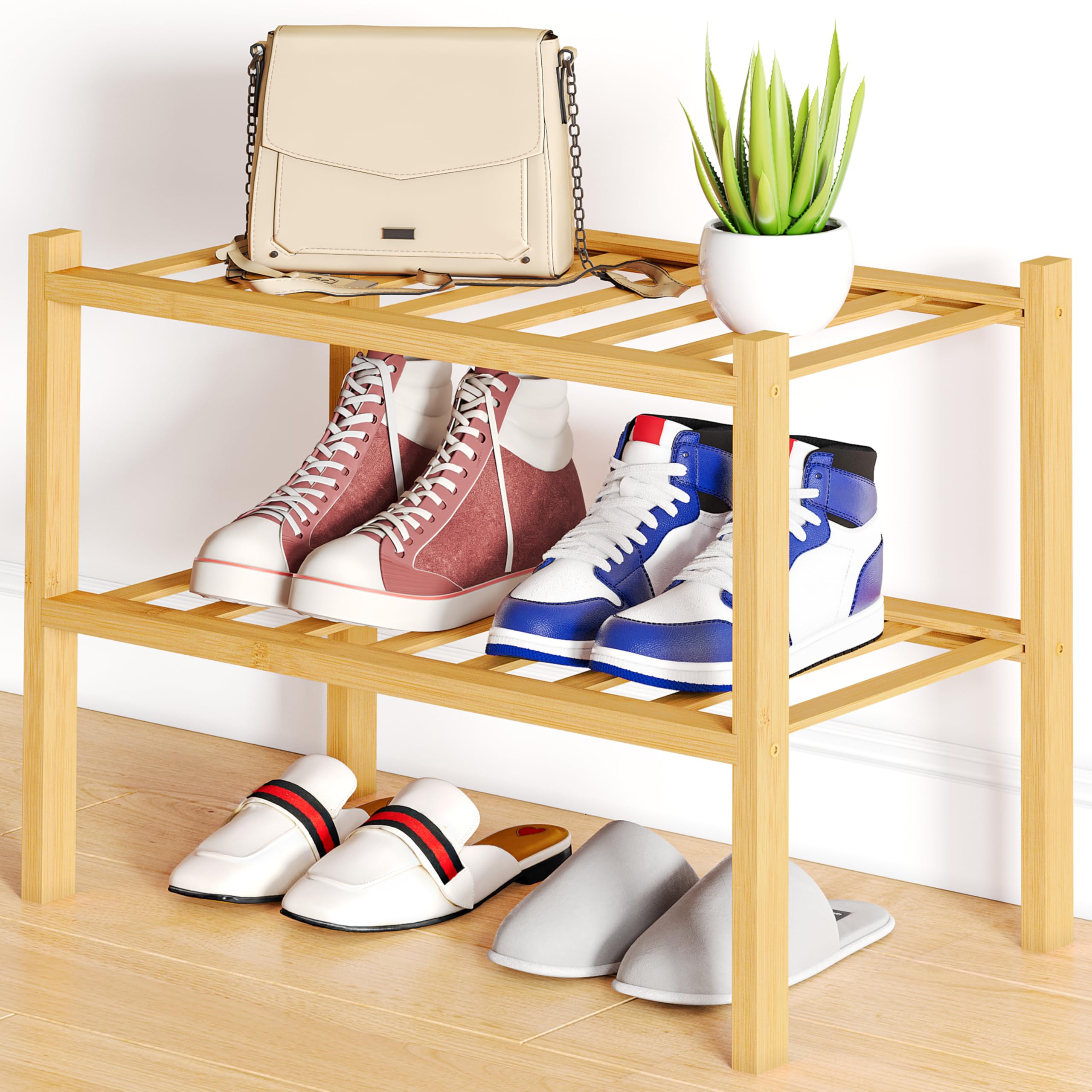 Smiry Bamboo Shoe Rack, 8 Vertical Slats, 2 Tier - 17.3" Wide, Natural