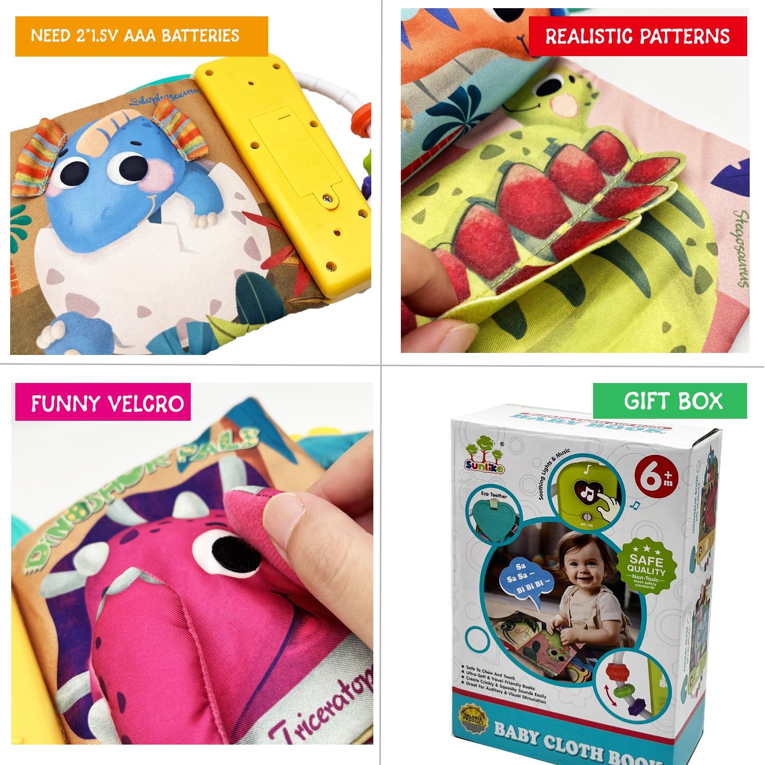 Baby Books Toys, Touch and Feel Music Cloth Book for Infant Baby 6-12-18 Months, Early Learning Education Shower Easter Gifts for Boys Girls (Dinosaur Pals)