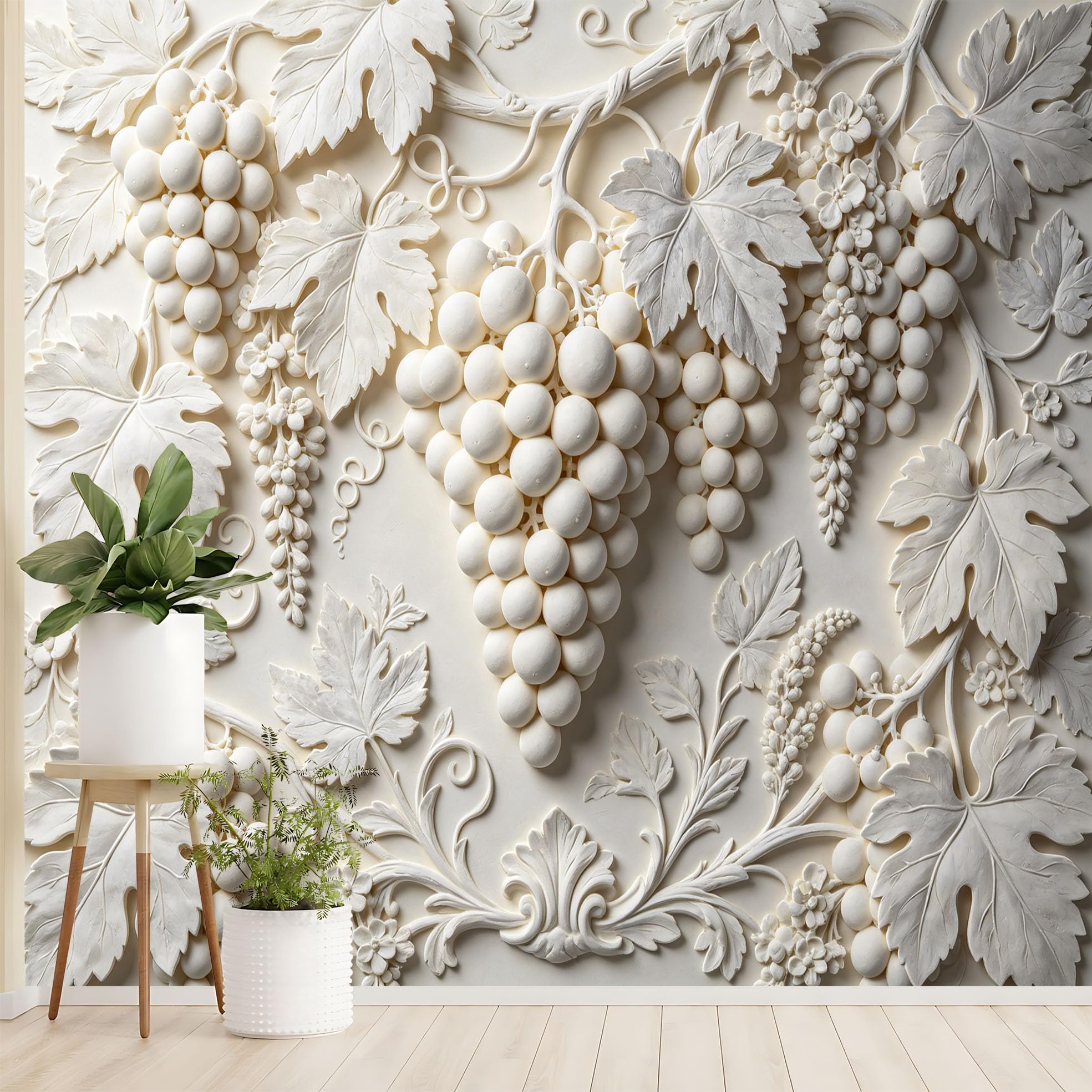 Malarstwo ścienne z winogron 3D tłoczone kiście winogron Botaniczna włóknina tapeta europejska vintage rzeźba winnicy fototapeta 250 x 175 cm kremowo-biały akcent ściana do salonu i sypialni Druive