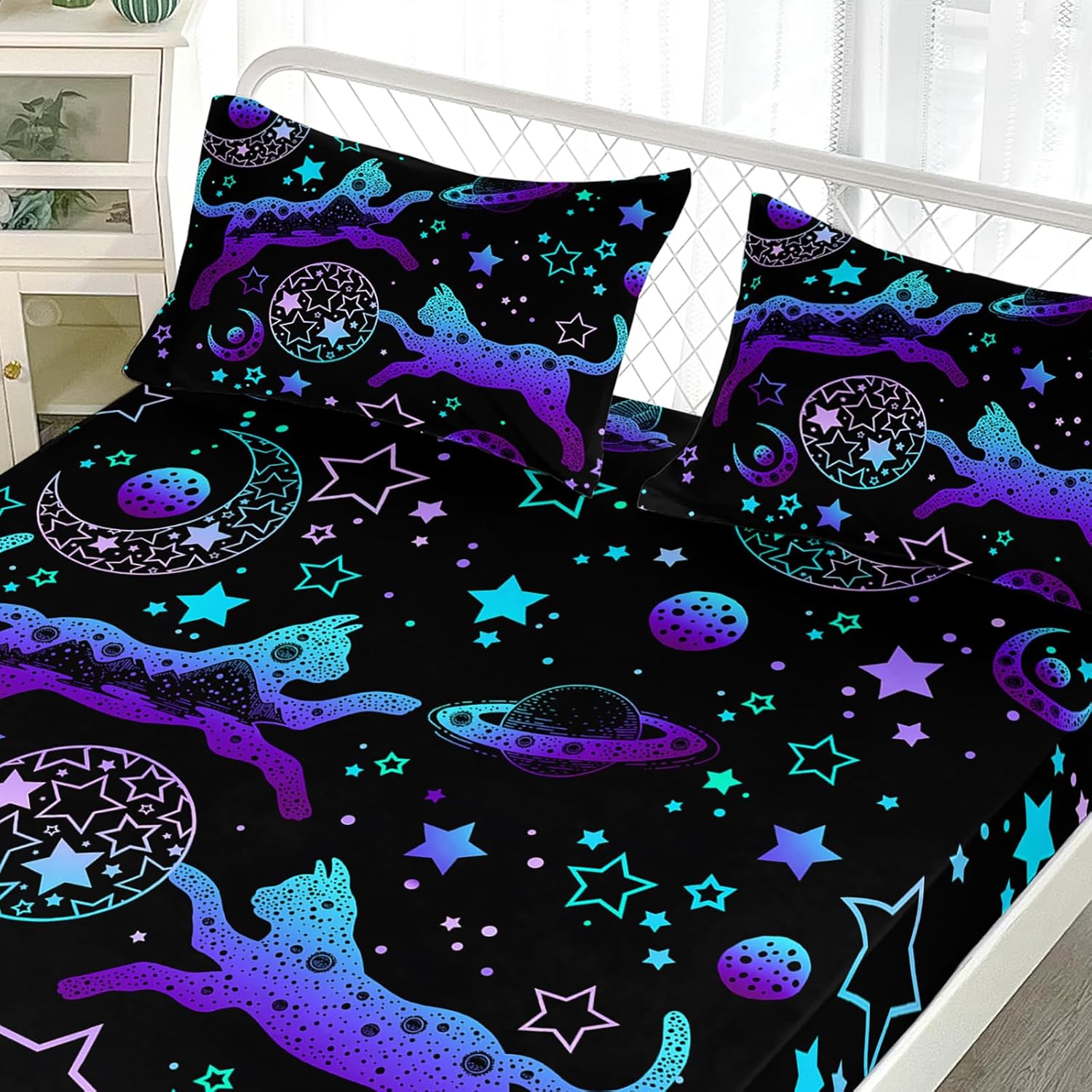 AILONEN Cute Neon Cat Kids Fitted Sheet Set Twin Size,Cartoon Kitten Bedding Set 3Pcs for Kids Teens Girls,Black Kawaii Bed Sheet with 2 Matching Pillowcases
