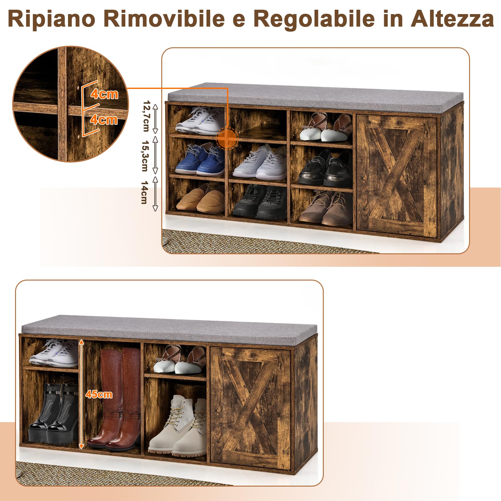COSTWAY Panca Scarpiera da Ingresso, Scarpiera con Seduta Imbottito, 9 Scomparti e Armadio con Ante, Panca Contenitore con Ripiani Regolabili, per Camera da Letto Corridoio, 110,5x30x49 cm (Marrone)