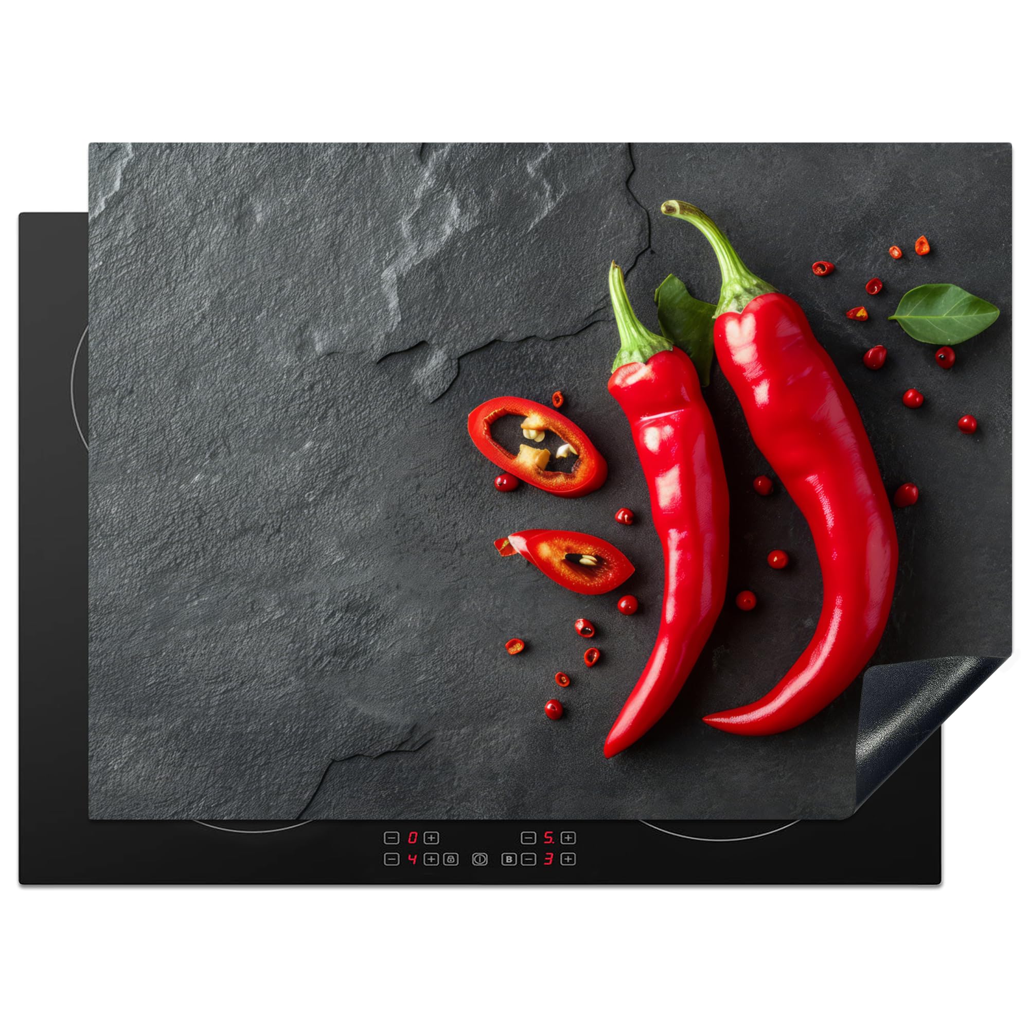 KitchenYeah© Induction Hob Protector Mat 20.5"x28" / 71x52 cm Stove Cap Top Cover Kitchen Cooker Covers for Electric Hobs Vinyl Red Pepper - Concrete - Chilies - Vegetables