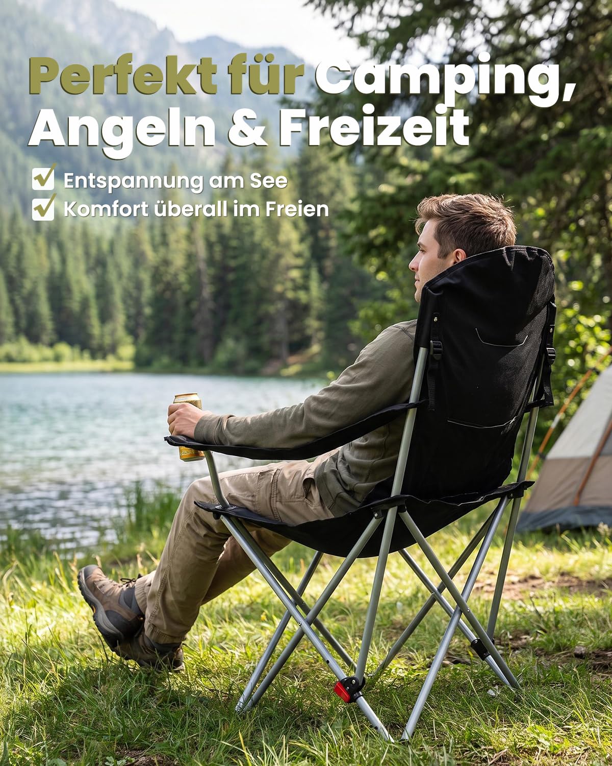 Homecall Campingstuhl Faltbar 150 KG Belastbar Camping Stuhl mit Armlehnen, Becherhalter, Abnehmbares Kissen, Tragetasche - Anglerstuhl Klappstuhl für Outdoors