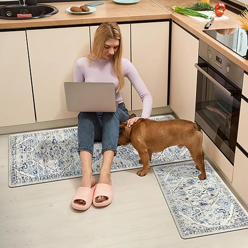 Miniatura 7 de Ileading Juego de 2 tapetes de cocina antifatiga, antideslizantes, impermeables, vintage, acolchados, cómodos, para cocina, fregadero y lavandería,