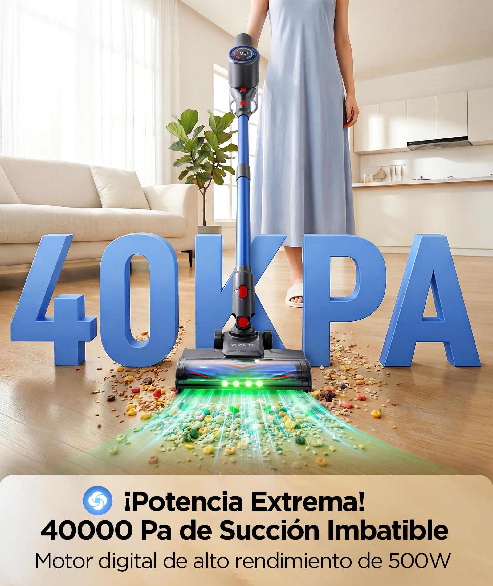 VersLife Aspiradora sin Cable 40KPA/500W,Z8 Escoba Inalámbrica Potente con Pantalla LED,Luz Verde,Diseño Autoportante,45 Min de Autonomía,para Pelo de Mascotas,Suelo y Alfombra