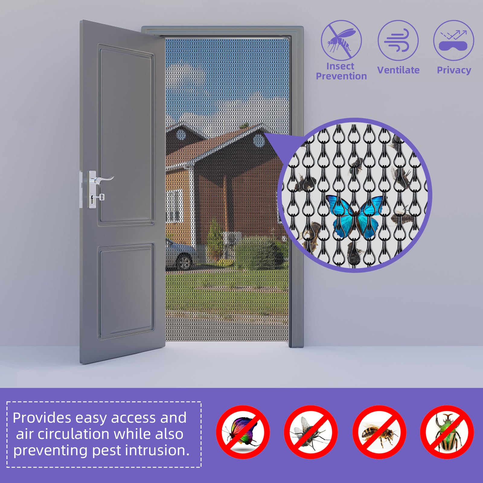 Gluwoer Aluminium Chain Curtain 100 x 210cm Metal Door Fly Screens Insect Control Curtain for Doorways (Black) - Image 3