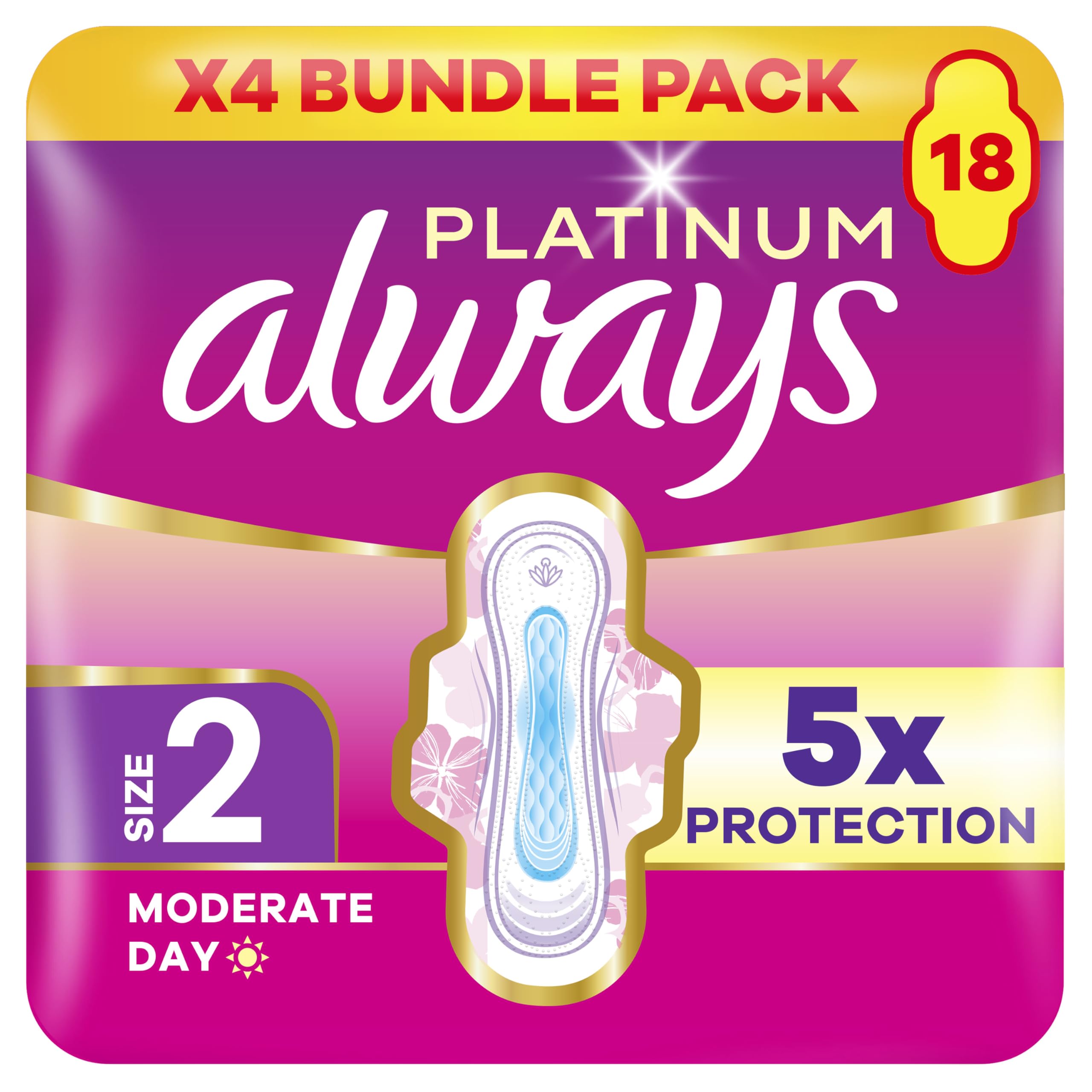 Always Platinum Sanitary Towels Moderate Flow Day (Size 2) Wings, 18 Pads x4, Super Absorbent and Ultra Thin, for Menstrual Periods