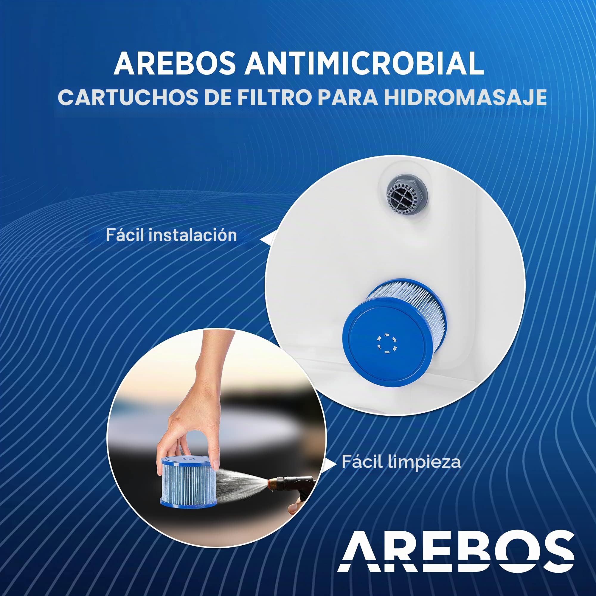 Arebos Filtro de Piscina | 6 x Cartuchos de Filtro para SPA | Filtro Antimicrobiano | Azul