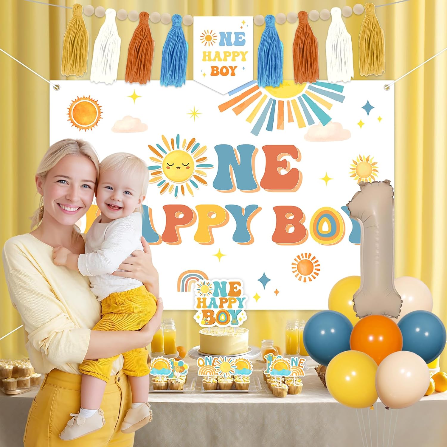 One Happy Boy Birthday Decorations Backdrop Sunshine 1st Birthday Highchair Banner Boho Sun Theme Cake Cupcake Toppers Latex Balloons for Boys Groovy Retro First Trip Around the Sun Party Supplies