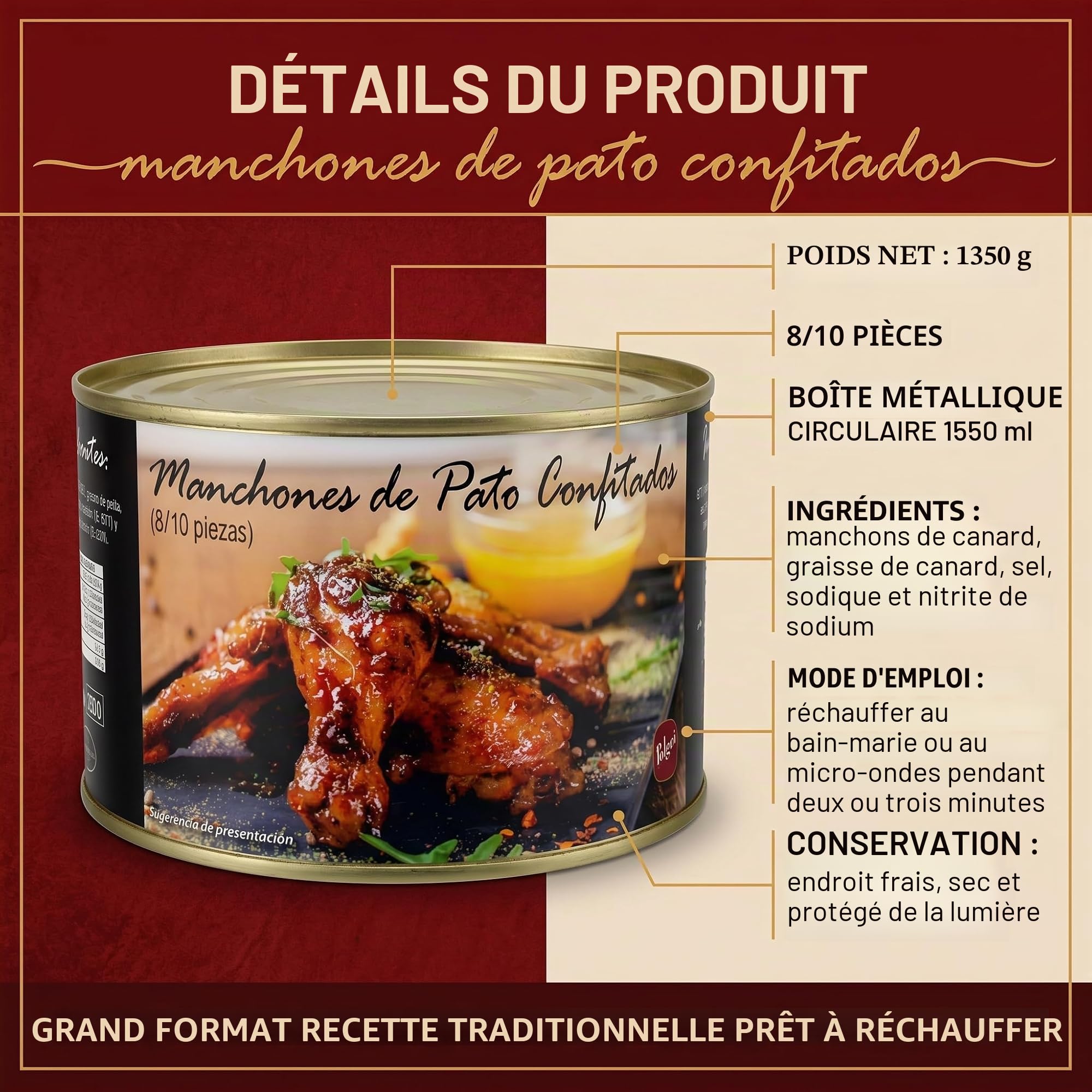 Confit De Canard 8/10 Manchons De Canard Confit Polgri 1350 grs.