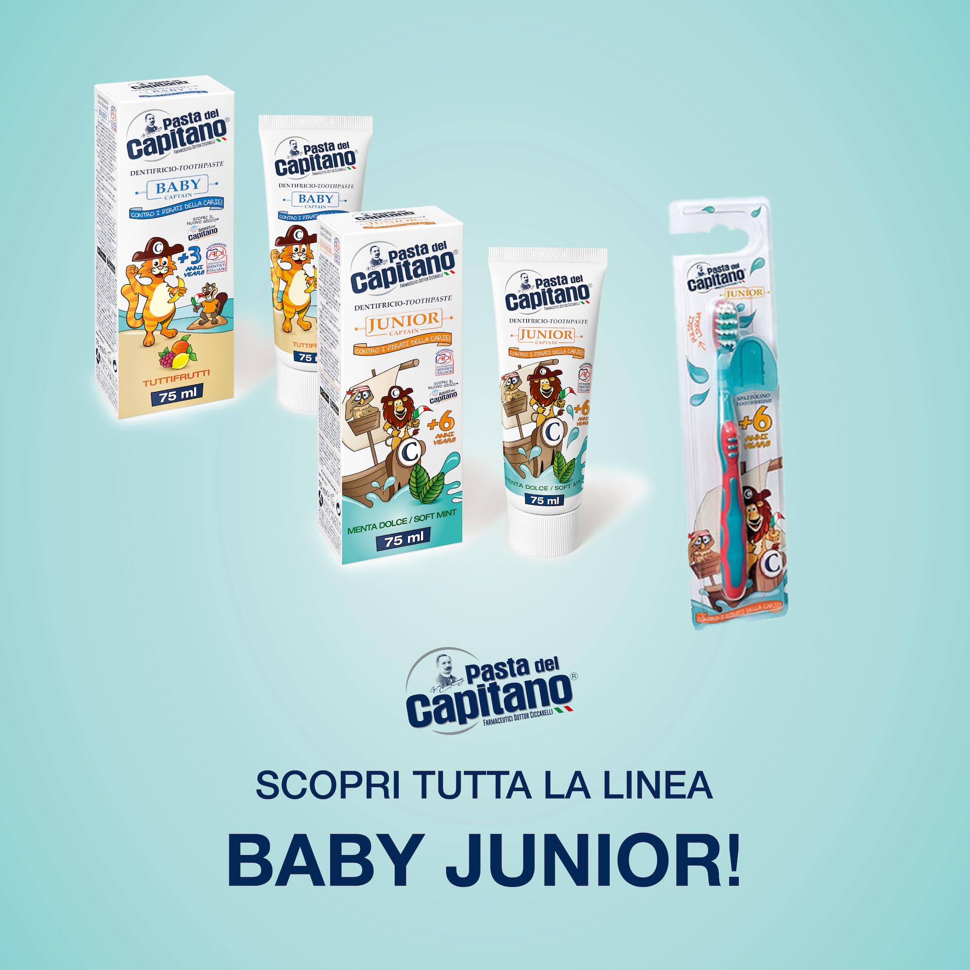 Pasta del Capitano, Collutorio Junior al Gusto Menta Dolce, Senza Alcool, Previene la Formazione di Carie, Ideale per Bambini a Partire dai 6 Anni di Età, 100% Made in Italy, Flacone da 400 ml