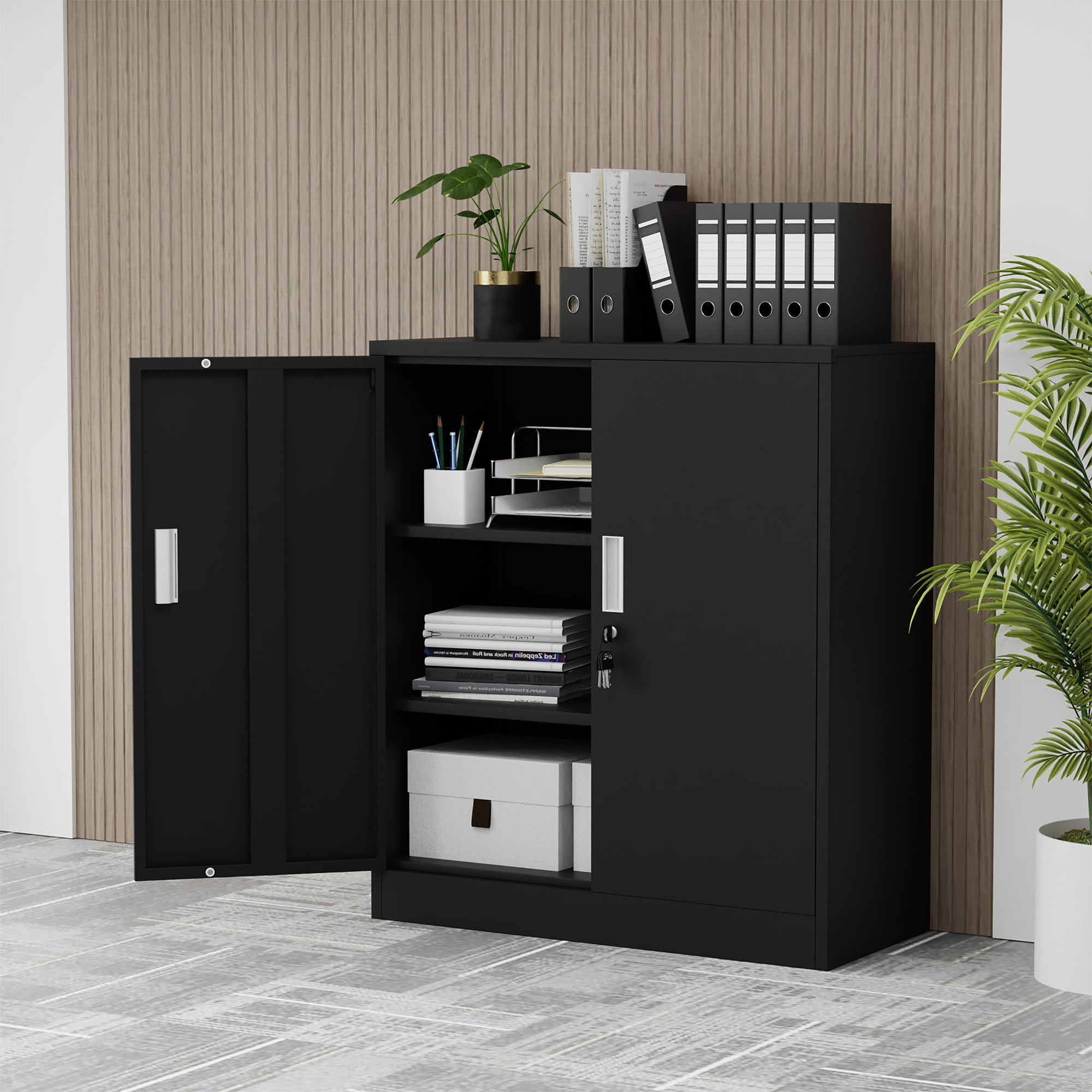 Aktenschrank Büroschrank Lagerschrank Metallschrank Stahlschrank, Aufbewahrungsschrank aus Metall mit verschließbaren Türen und 2 verstellbaren Regalen 92x80x40cm (Schwarz)