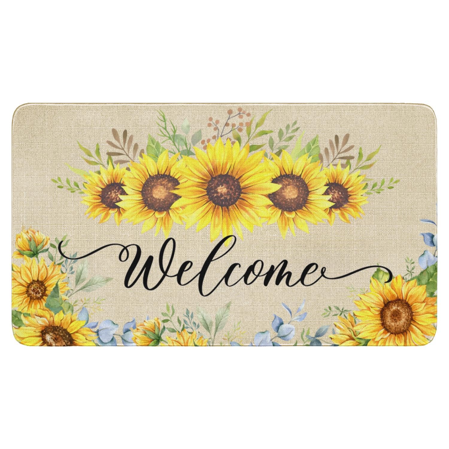 Dcohluk Sunflower Floral Decor Welcome Entrance Door Mat, Spring Summer Flower Home Decoration Non-Slip Indoor Outdoor Front Doormats Rug 17x30 Inch