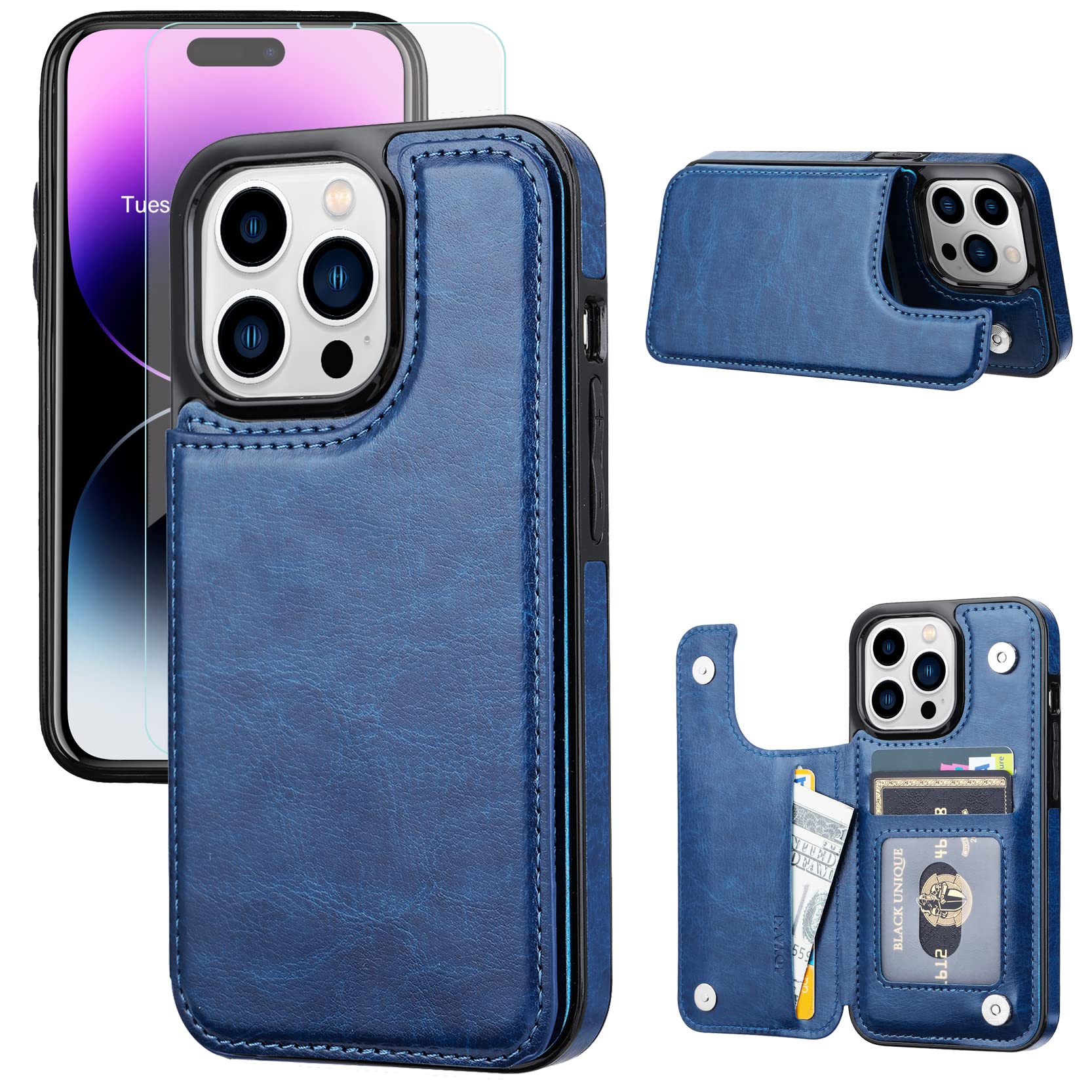 Wallet Case Compatible with iPhone 14 Pro, Slim Protective case with Card Holder,Premium PU Leather Kickstand Card Slots Case with a Screen Protective Glass for iPhone 14 Pro(6.1")-Deep Blue